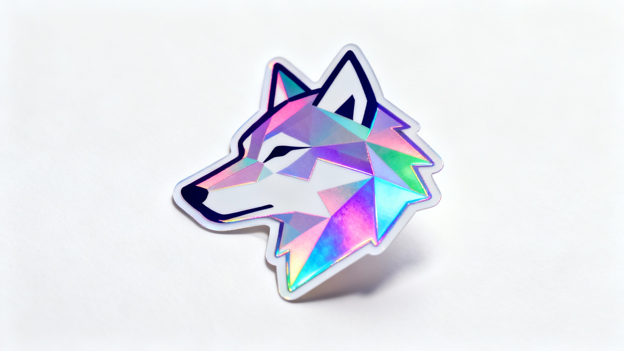 A photorealistic mockup of a single die-cut holographic sticker featuring a geometric wolf head design, shimmering with iridescent rainbow colors on a plain white background.