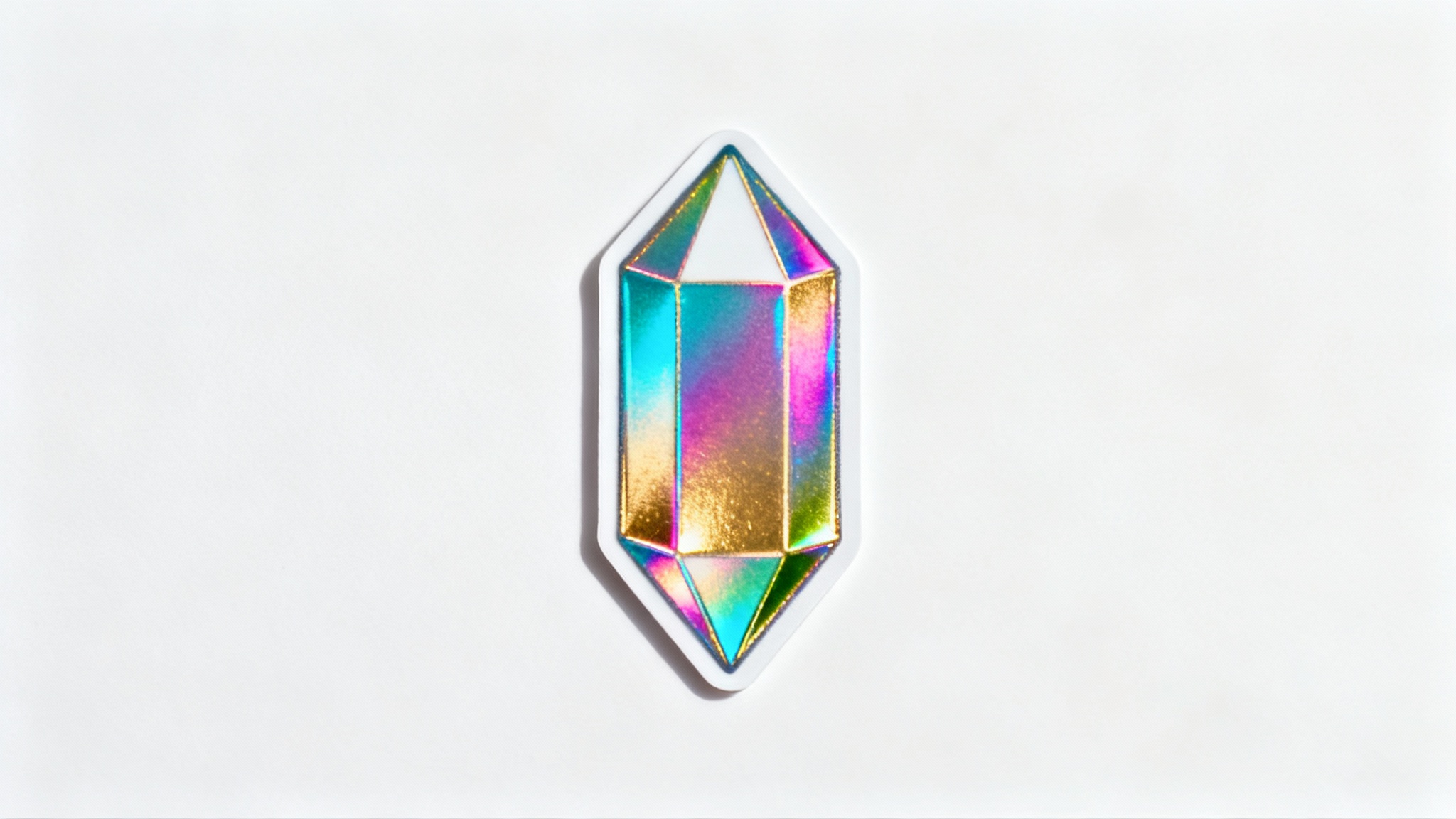 A photorealistic mockup of a die-cut sticker shaped like a geometric crystal, showcasing a vibrant holographic effect with shimmering rainbow colors on a clean white background.