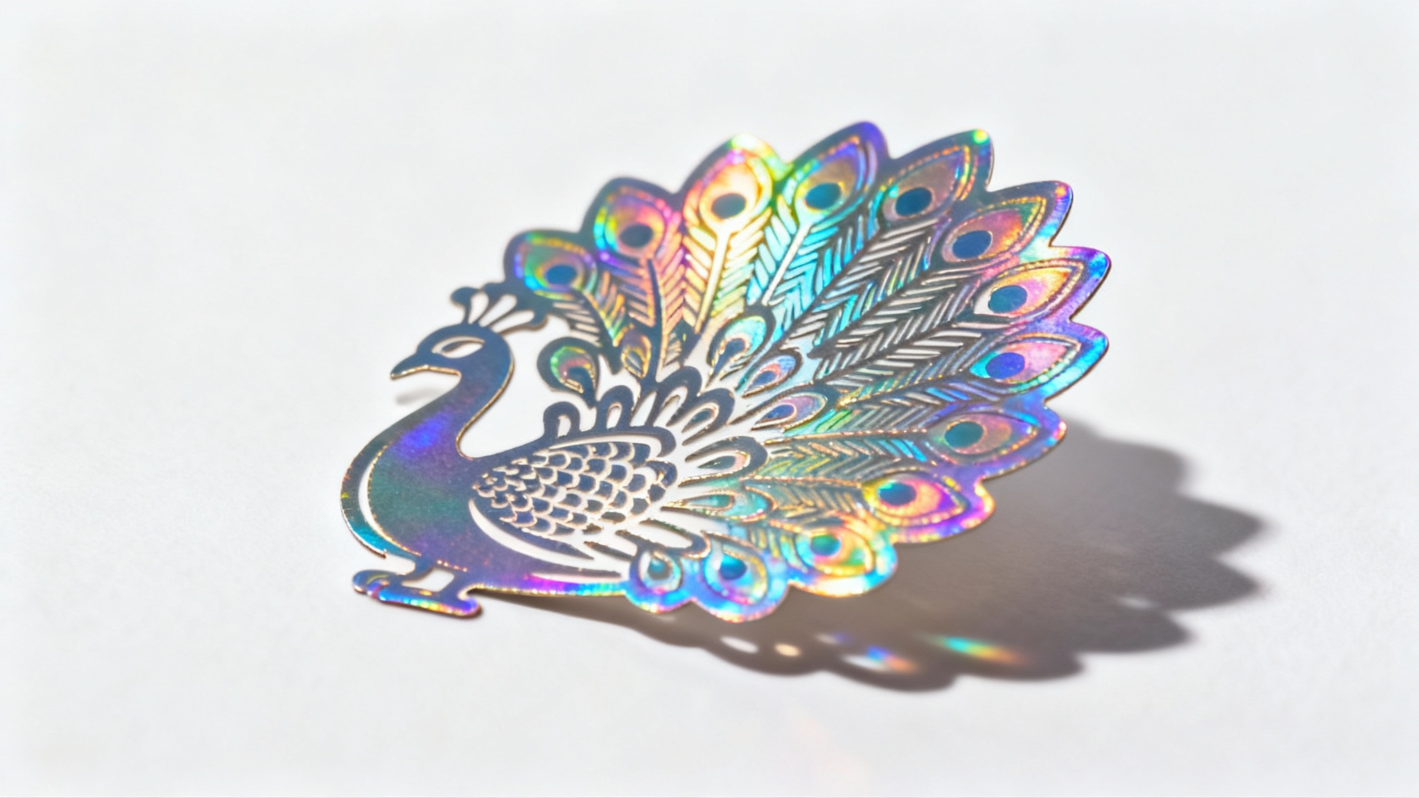 A photorealistic mockup of a die-cut holographic sticker featuring a peacock design, placed on a clean white background. The sticker shows a brilliant rainbow sheen as it catches the light.