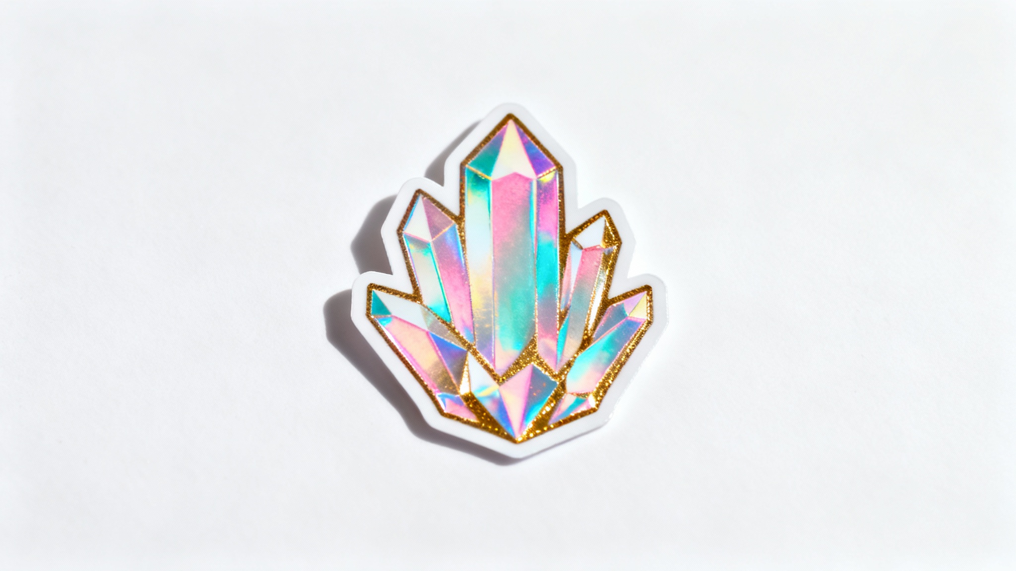 A close-up product mockup of a single, die-cut holographic sticker shaped like a crystal, shimmering with vibrant rainbow colors against a plain white background.