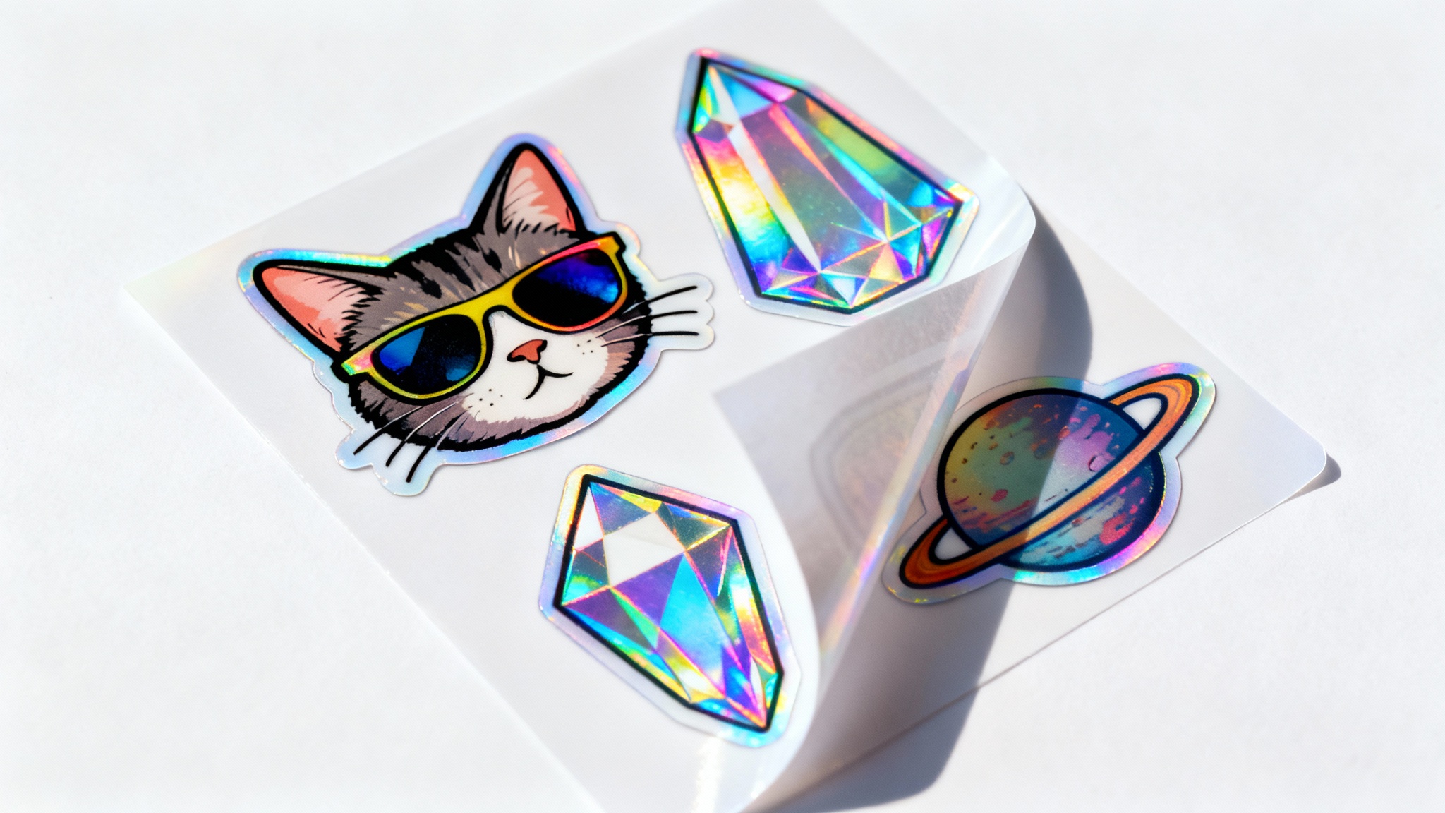 A photorealistic mockup of several die-cut holographic stickers with trendy designs, shimmering with vibrant rainbow colors on a clean white background.
