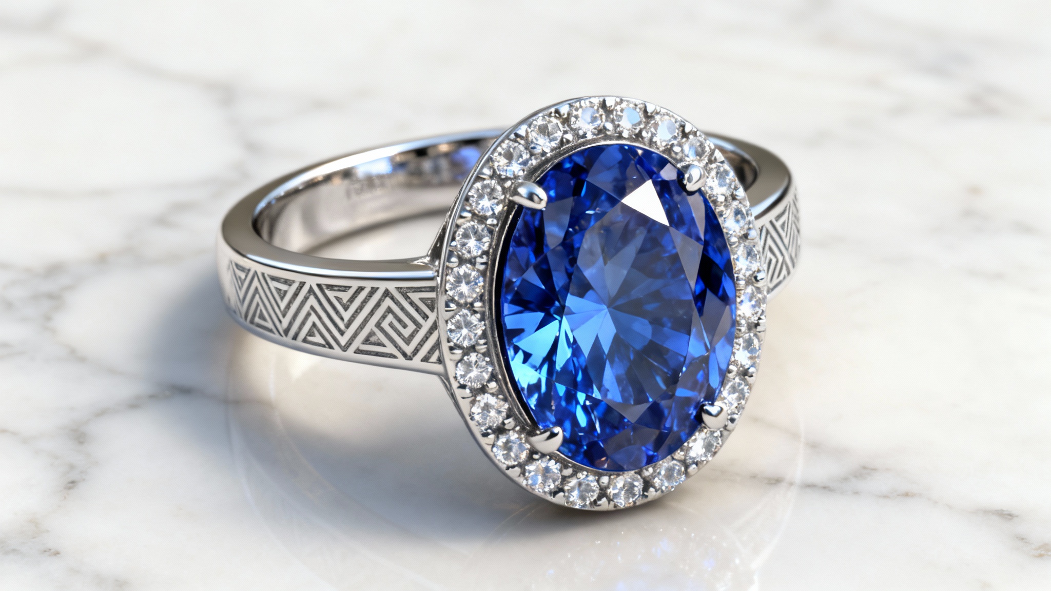 A photorealistic close-up of a contemporary platinum ring with a large oval sapphire and surrounding diamonds, representing the final product from a 3D design, displayed on a white marble surface.
