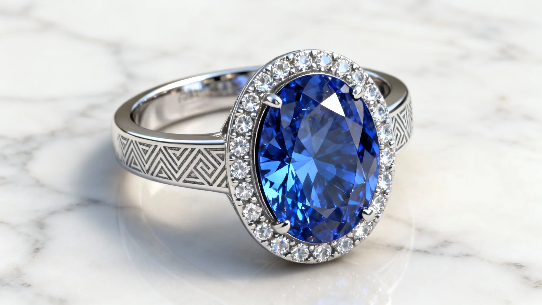 A photorealistic close-up of a contemporary platinum ring with a large oval sapphire and surrounding diamonds, representing the final product from a 3D design, displayed on a white marble surface.