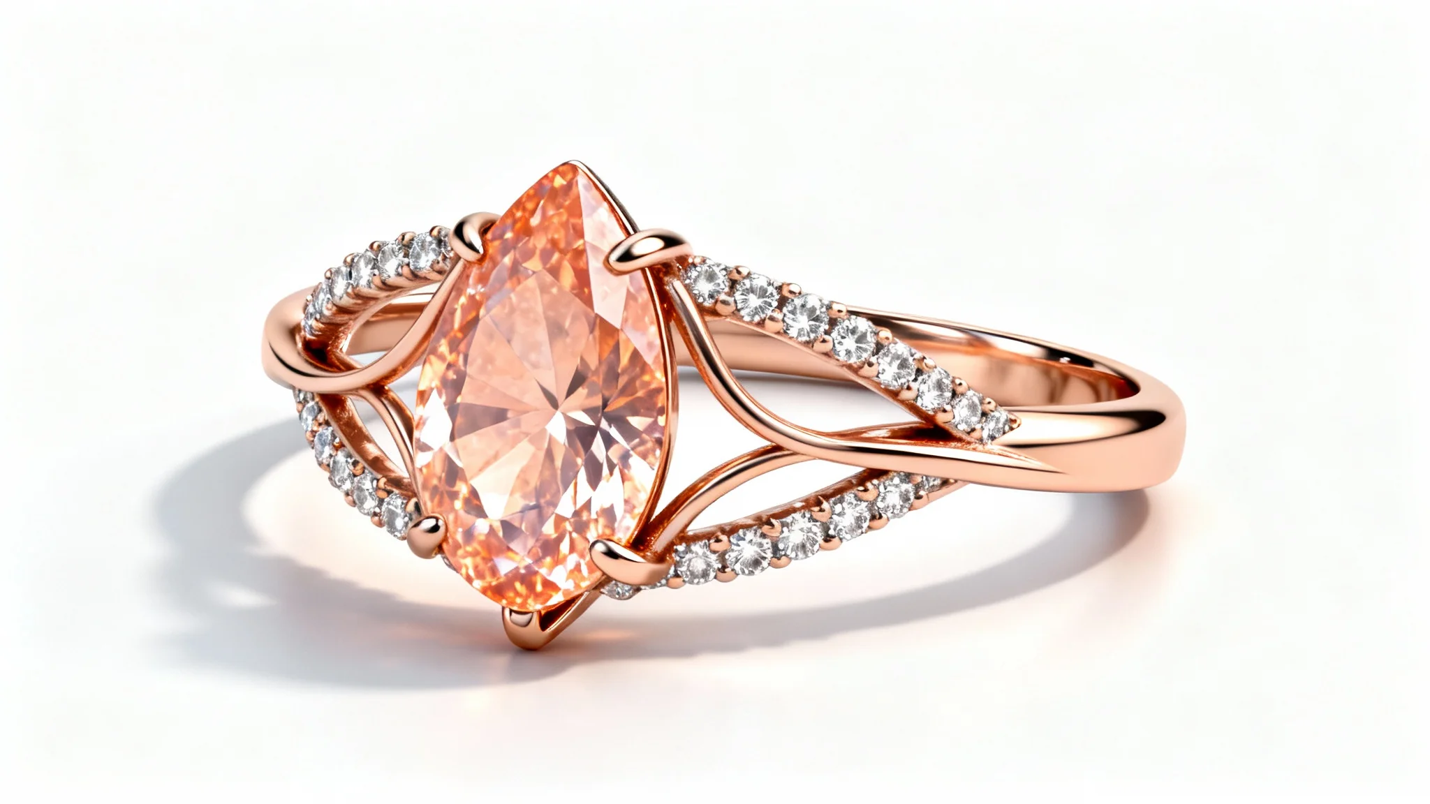 A hyper-realistic 3D render of a detailed rose gold ring with a pear-cut morganite and diamond accents, shown on a clean white background.