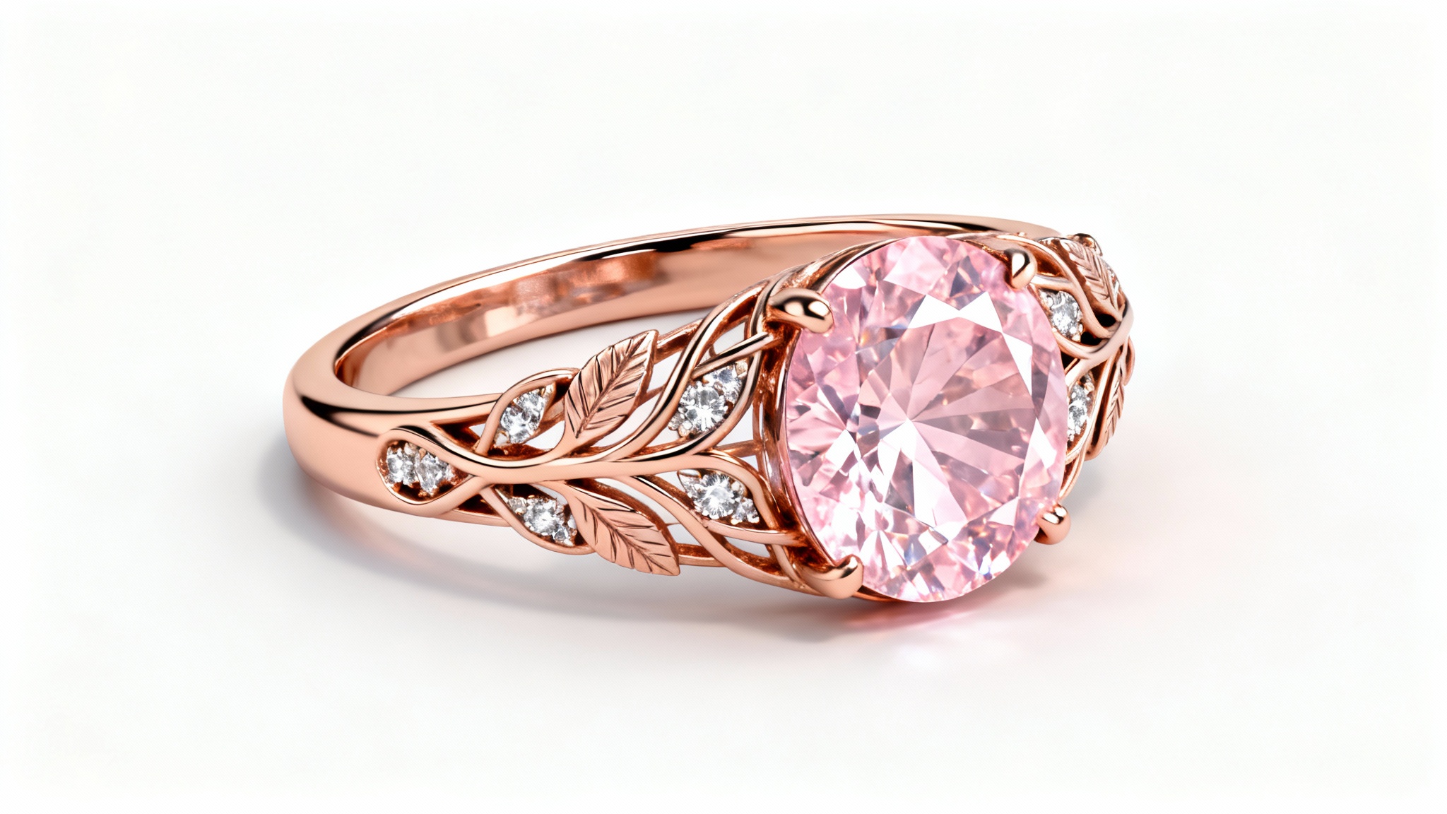 A hyper-realistic 3D render of a detailed rose gold ring with a vine and leaf design, featuring a central pink morganite gemstone against a white background.