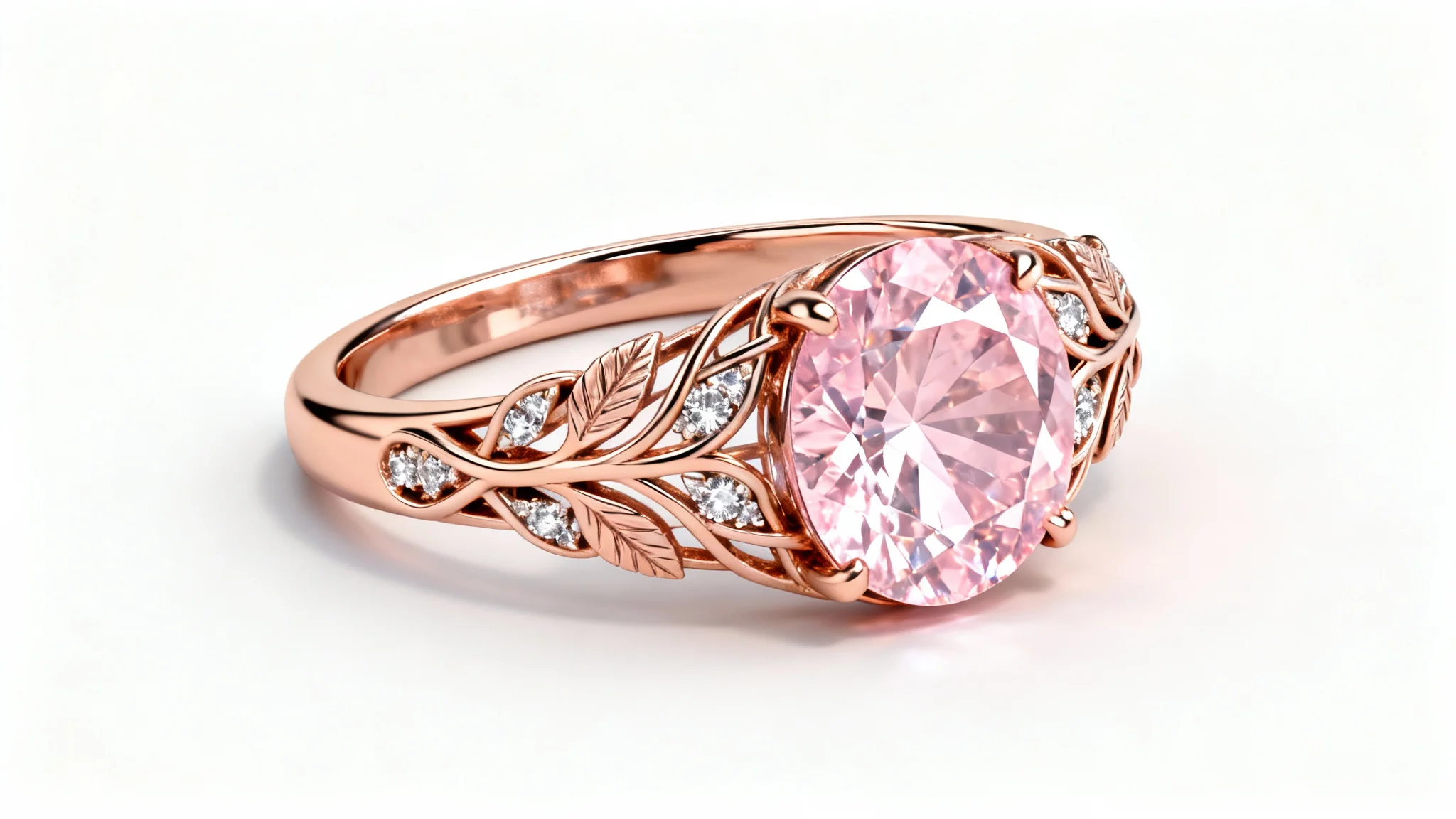 A hyper-realistic 3D render of a detailed rose gold ring with a vine and leaf design, featuring a central pink morganite gemstone against a white background.