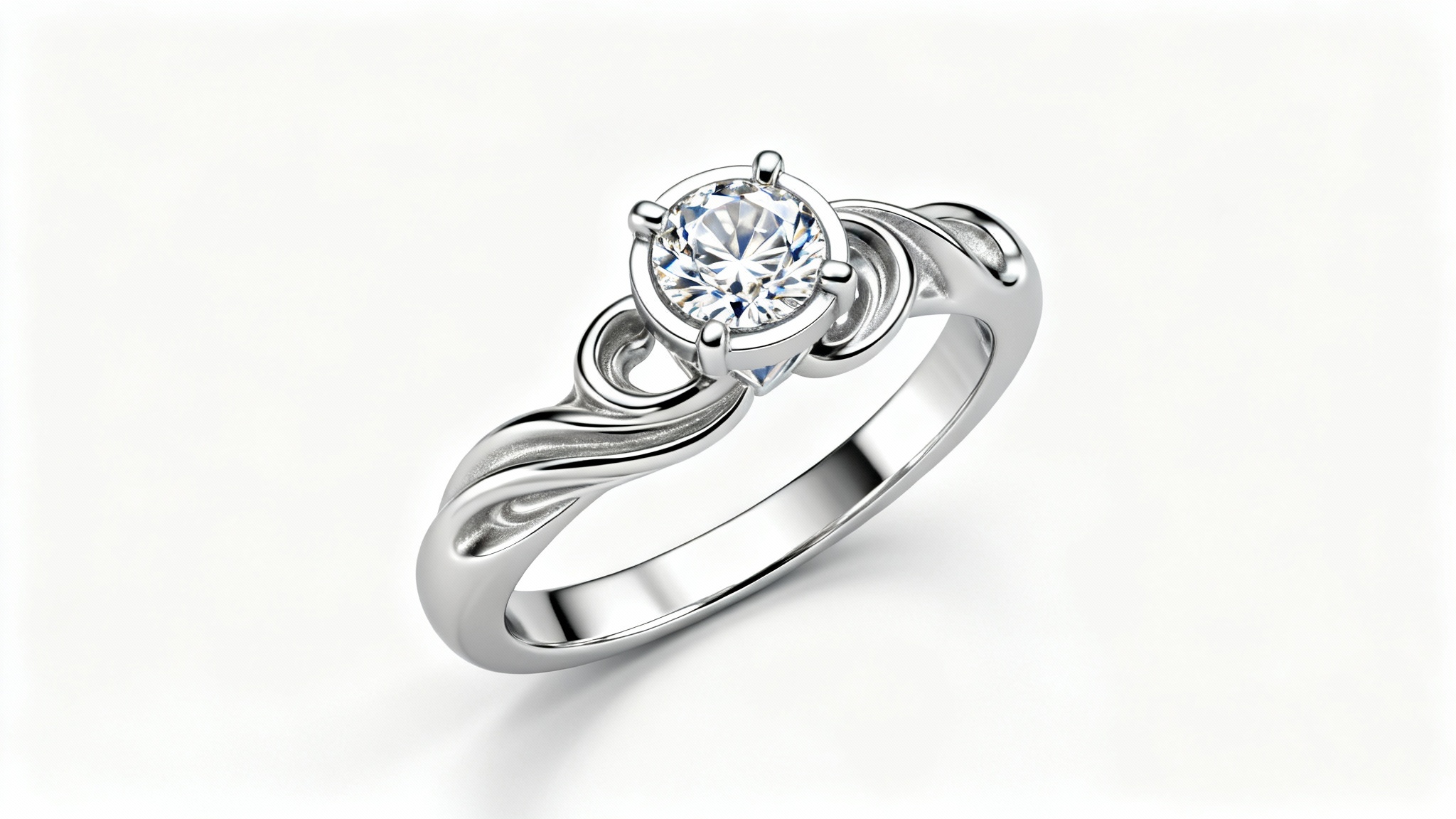 A close-up, photorealistic 3D rendering of a beautifully designed white gold and diamond ring, showcasing its intricate details on a plain white background.