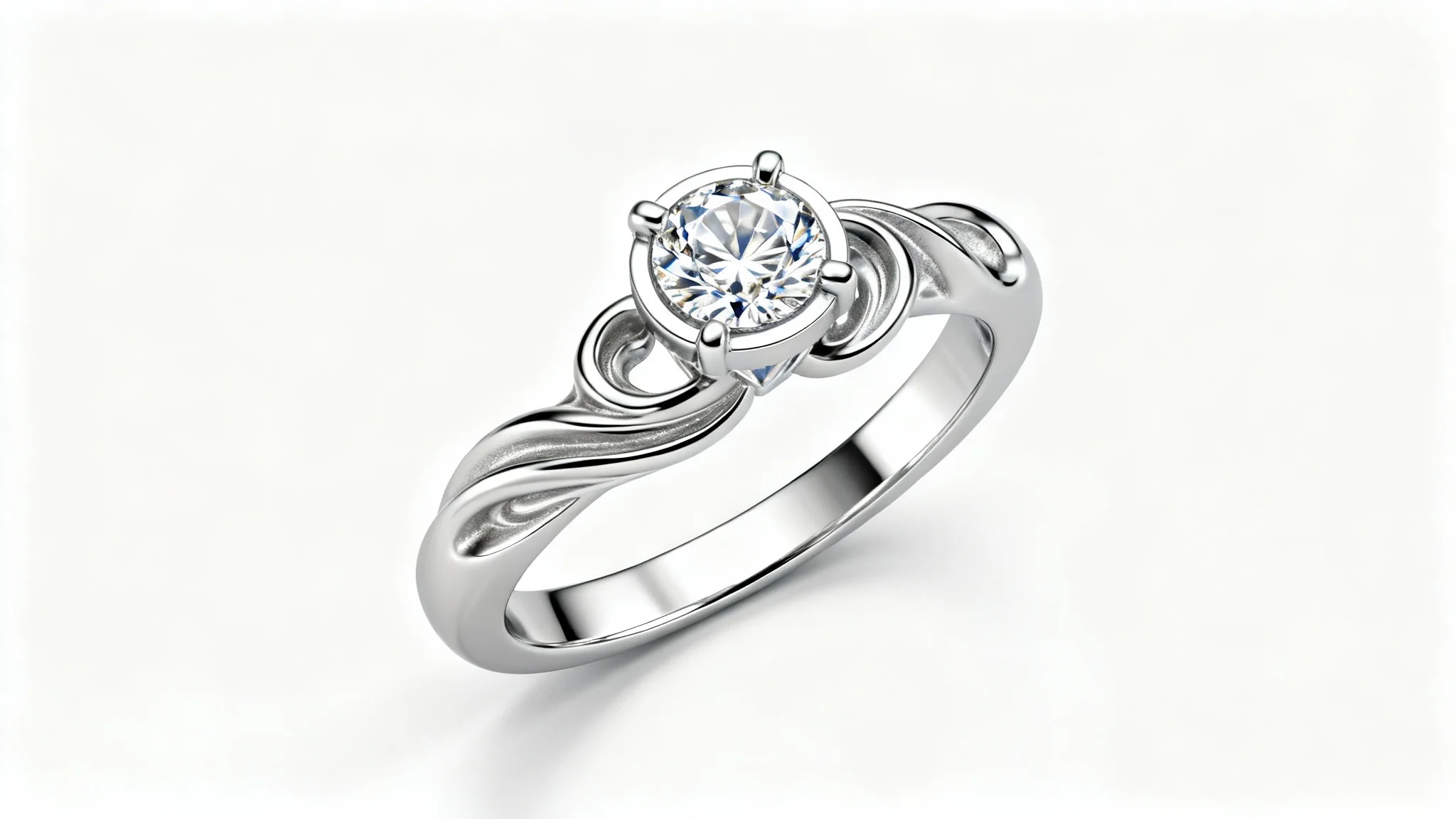 A close-up, photorealistic 3D rendering of a beautifully designed white gold and diamond ring, showcasing its intricate details on a plain white background.