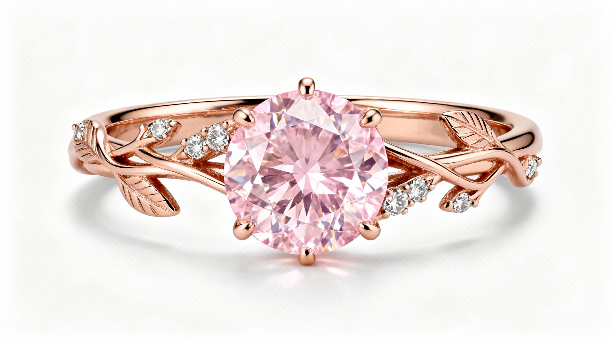 A close-up, photorealistic 3D render of an intricate rose gold ring with a large pink morganite stone and small diamonds, set against a clean white background.