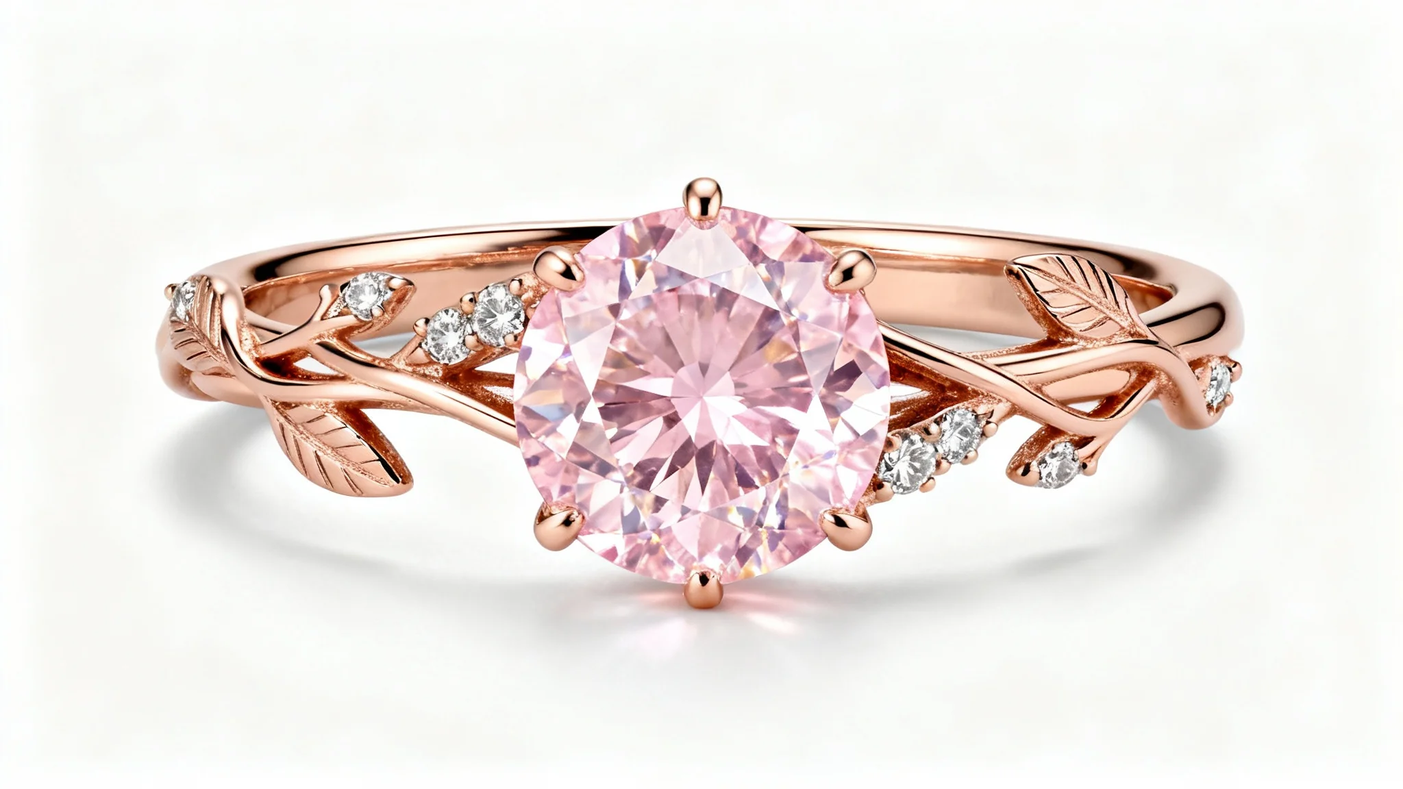 A close-up, photorealistic 3D render of an intricate rose gold ring with a large pink morganite stone and small diamonds, set against a clean white background.