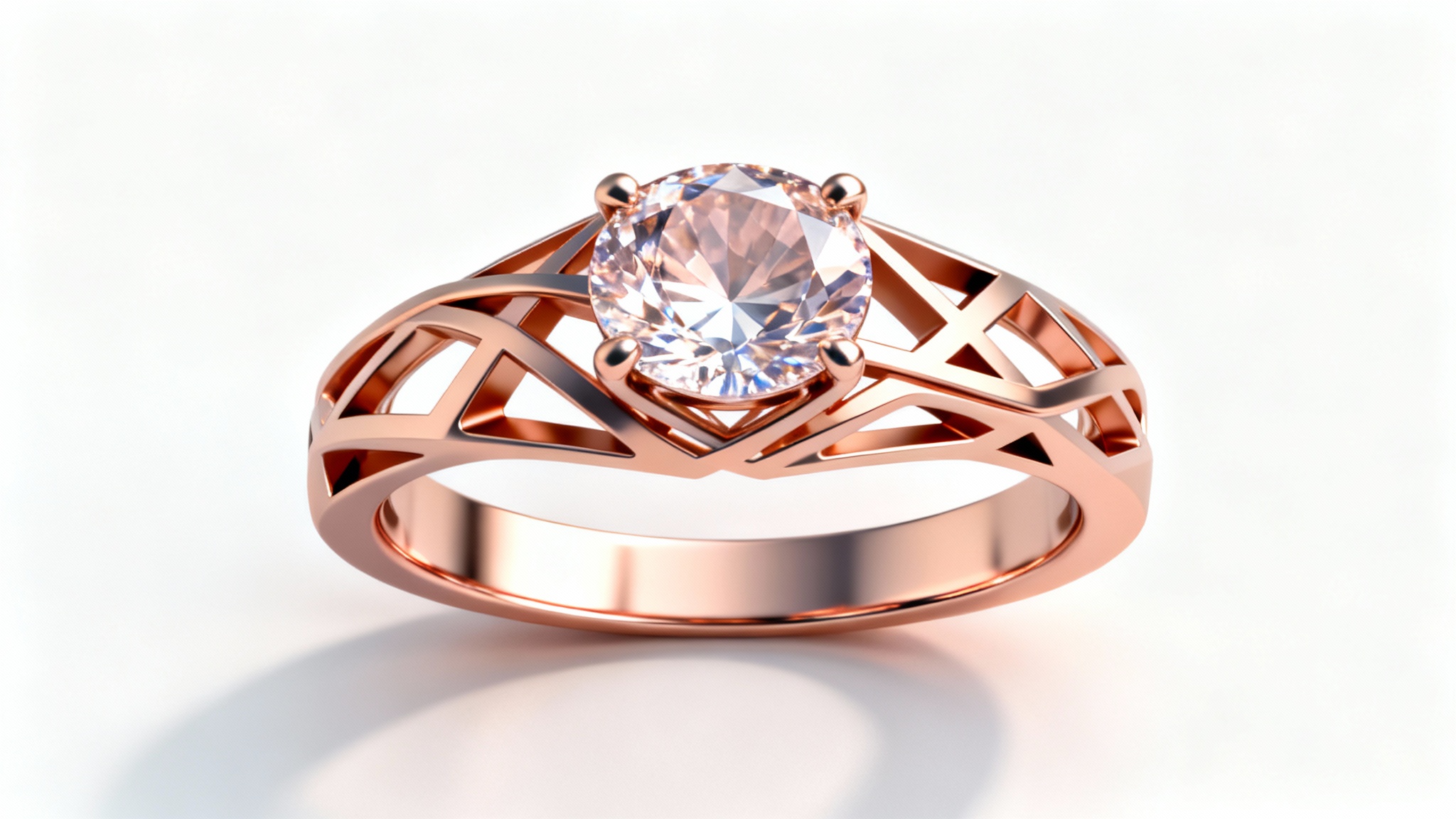 A hyper-realistic 3D render of a modern rose gold ring with a complex geometric design and a central morganite gemstone, displayed on a clean white background.