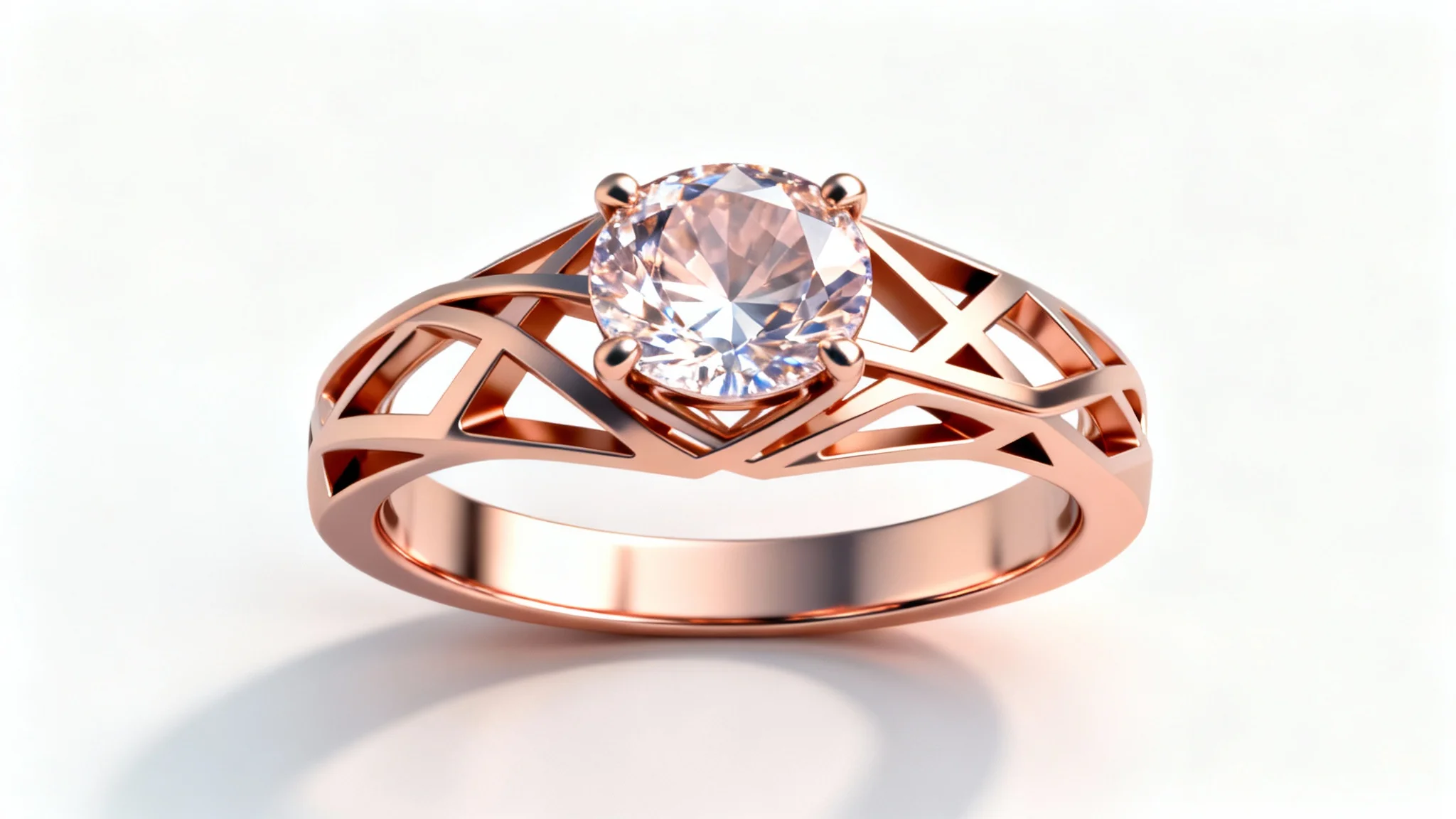 A hyper-realistic 3D render of a modern rose gold ring with a complex geometric design and a central morganite gemstone, displayed on a clean white background.