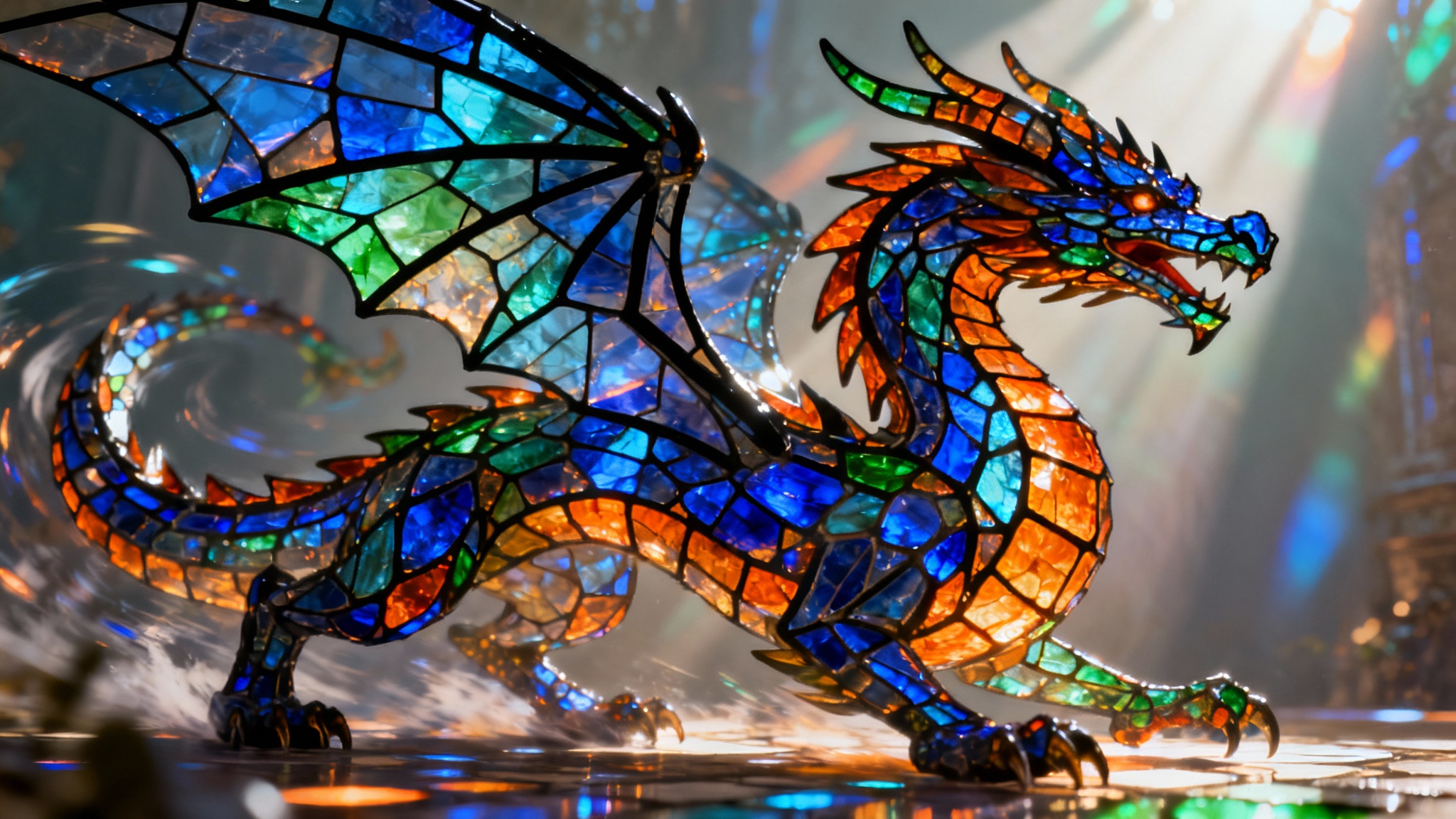 A cinematic hero image showing the final result of a stained glass animation tool: a magnificent dragon made of colorful, glowing stained glass, captured in a dynamic pose with light shining through.