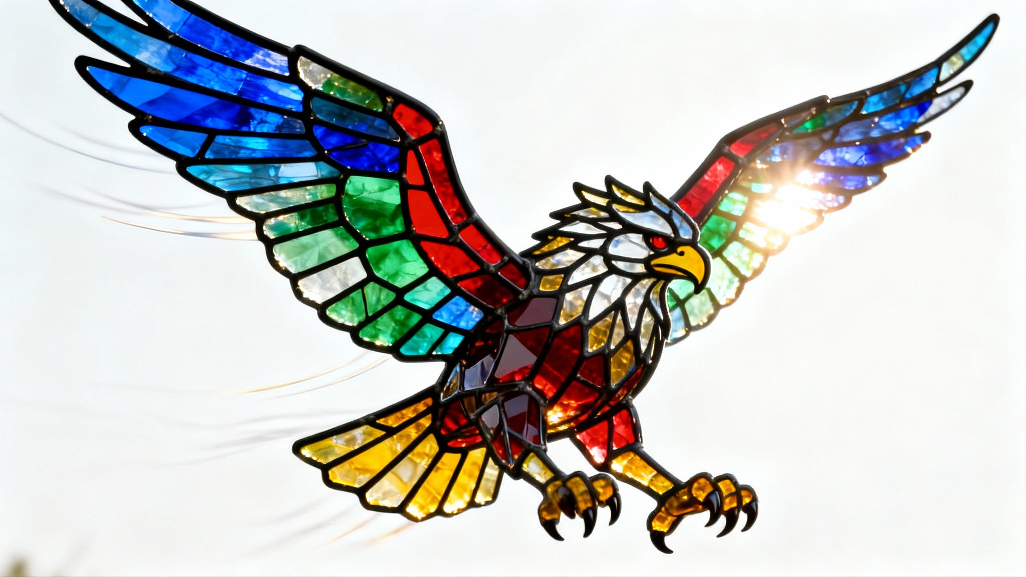 A dynamic still from a stained glass animation showing a majestic griffin in mid-flight, glowing with vibrant jewel tones against a stark white background.