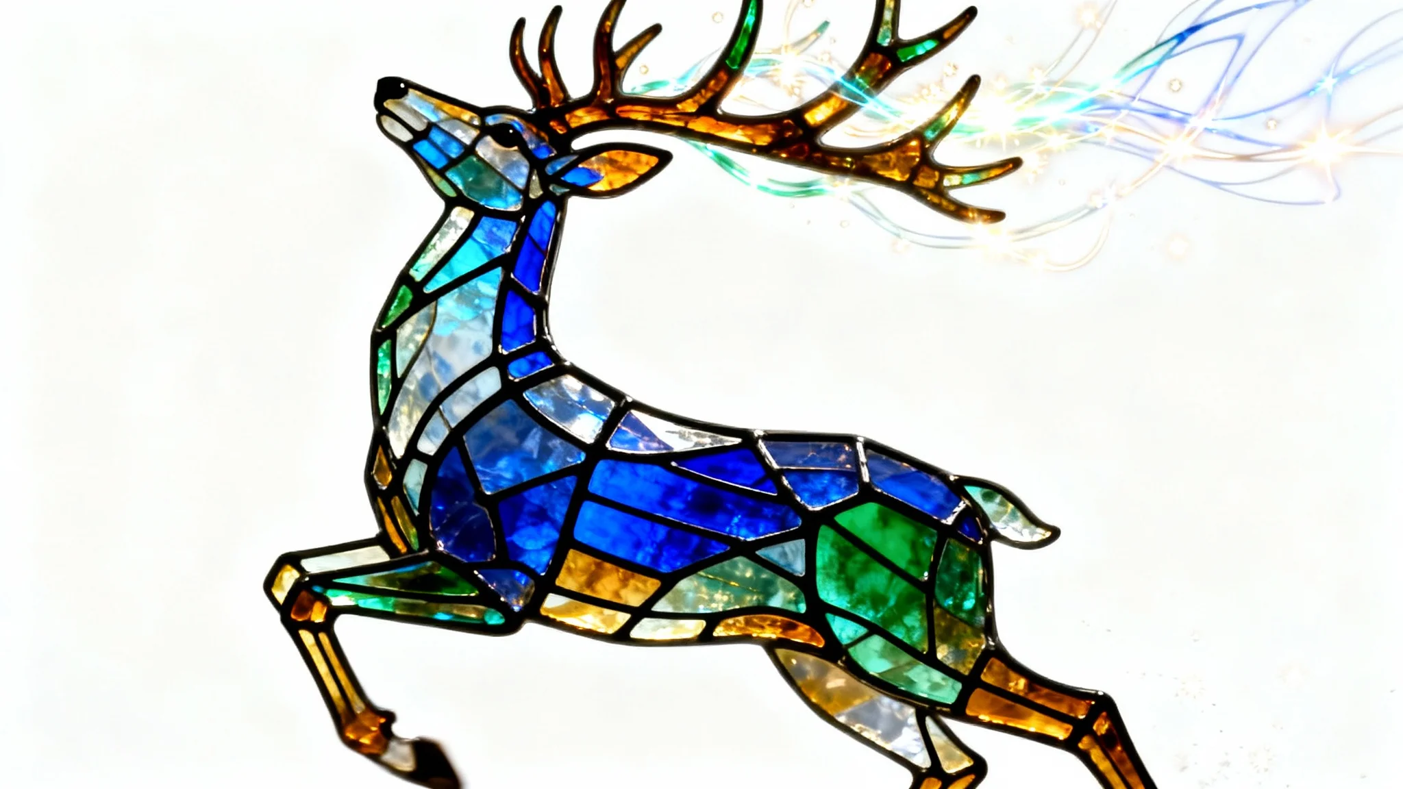 A single frame from a stained glass animation featuring a majestic stag made of glowing blue, green, and amber glass, with light trails coming off its antlers, set against a clean white background.