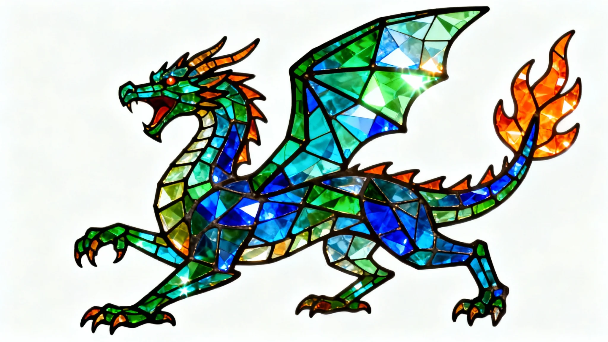 A still frame from a stained glass animation featuring a roaring dragon made of vibrant green, blue, and orange glass, set against a solid white background.