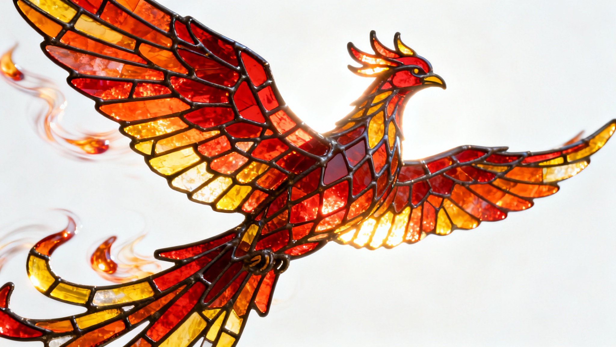 A vibrant stained glass panel of a phoenix in mid-flight, its wings spread wide. The colors are fiery reds, oranges, and yellows, and it is brightly lit from behind, isolated on a clean white background, creating an animated effect.