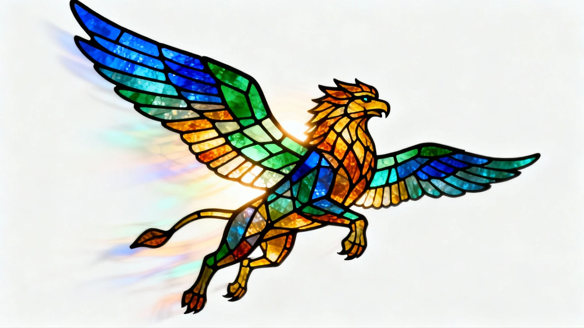 A mockup image of a stained glass animation frame featuring a vibrant, glowing griffin in mid-flight, set against a plain white background.