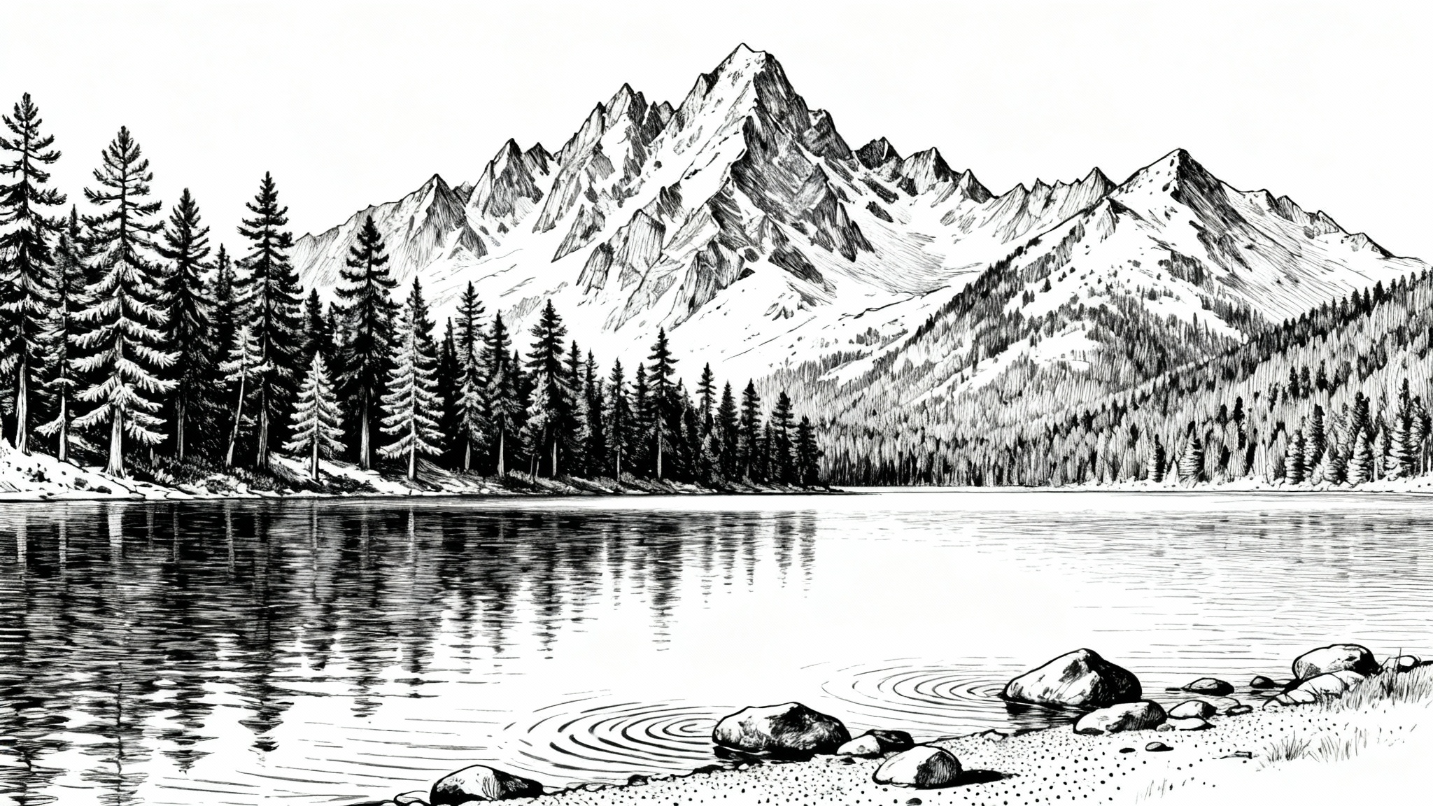 A detailed black and white ink drawing of a serene landscape, featuring snow-capped mountains reflecting in a calm lake with a pine forest on the shore.