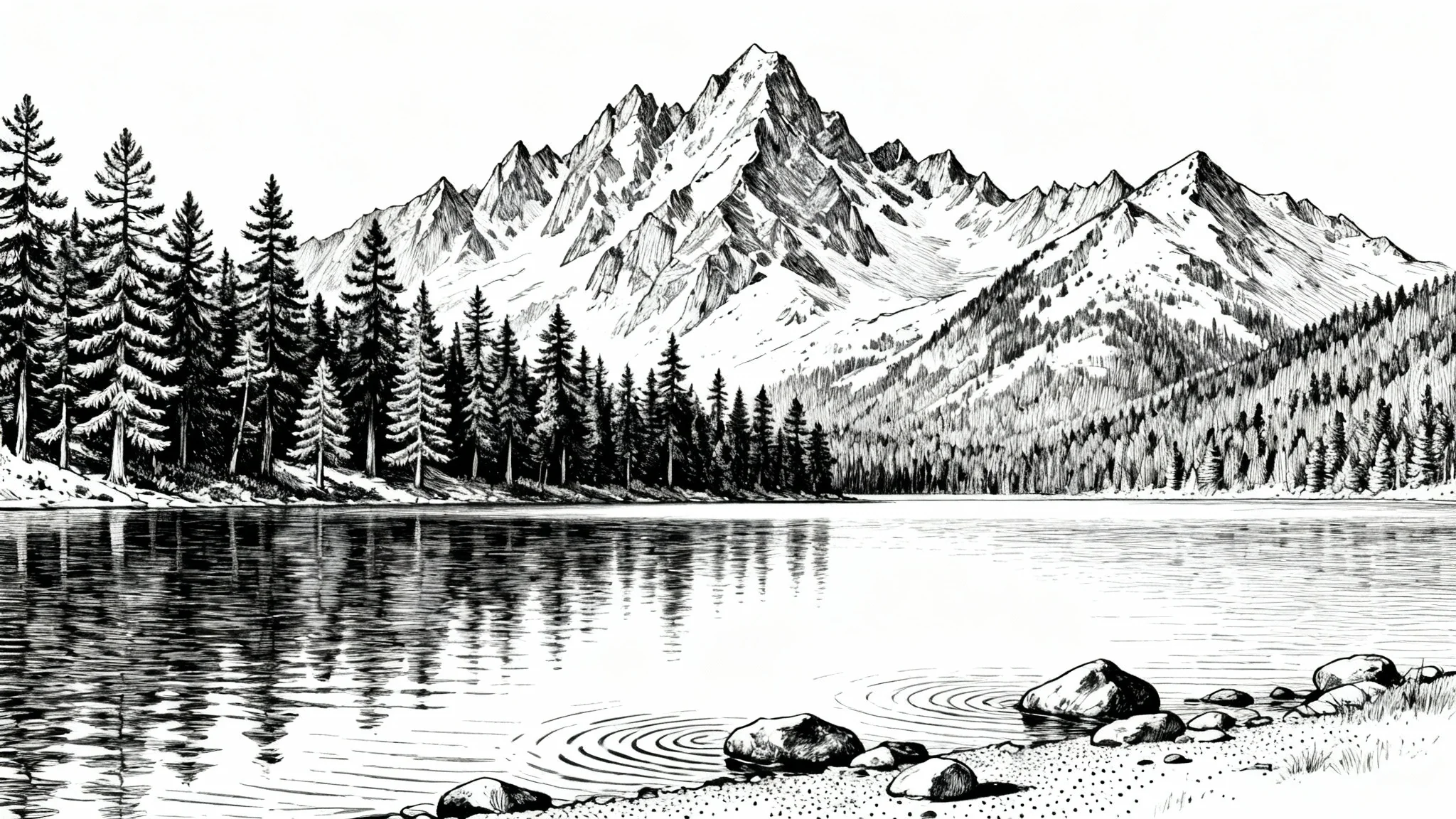 A detailed black and white ink drawing of a serene landscape, featuring snow-capped mountains reflecting in a calm lake with a pine forest on the shore.