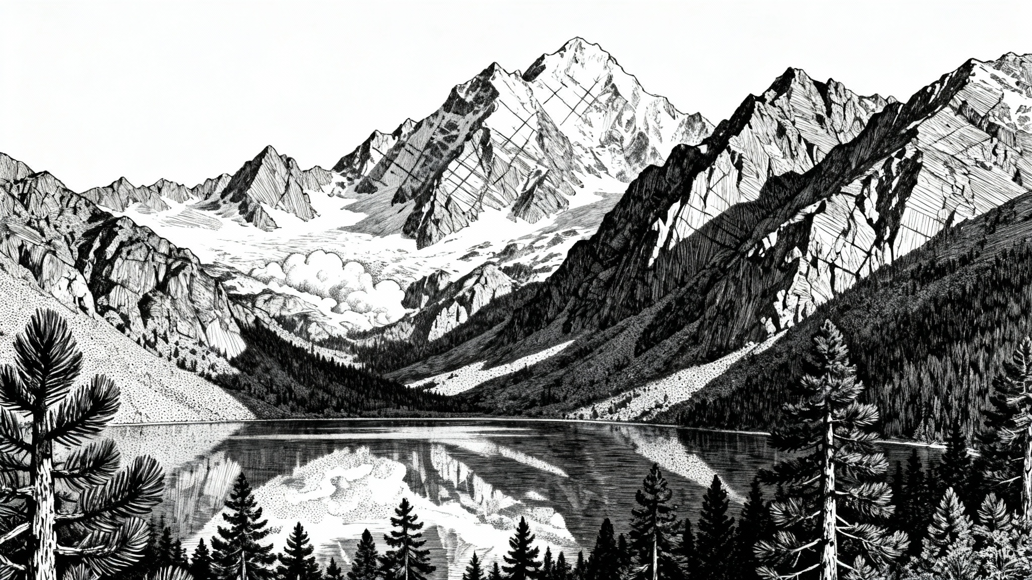 A hyper-detailed black and white pen and ink drawing of a mountain landscape reflected in a still lake, showcasing intricate line work, presented on a clean white background.