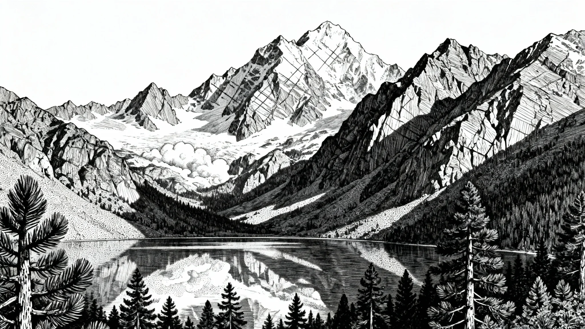A hyper-detailed black and white pen and ink drawing of a mountain landscape reflected in a still lake, showcasing intricate line work, presented on a clean white background.