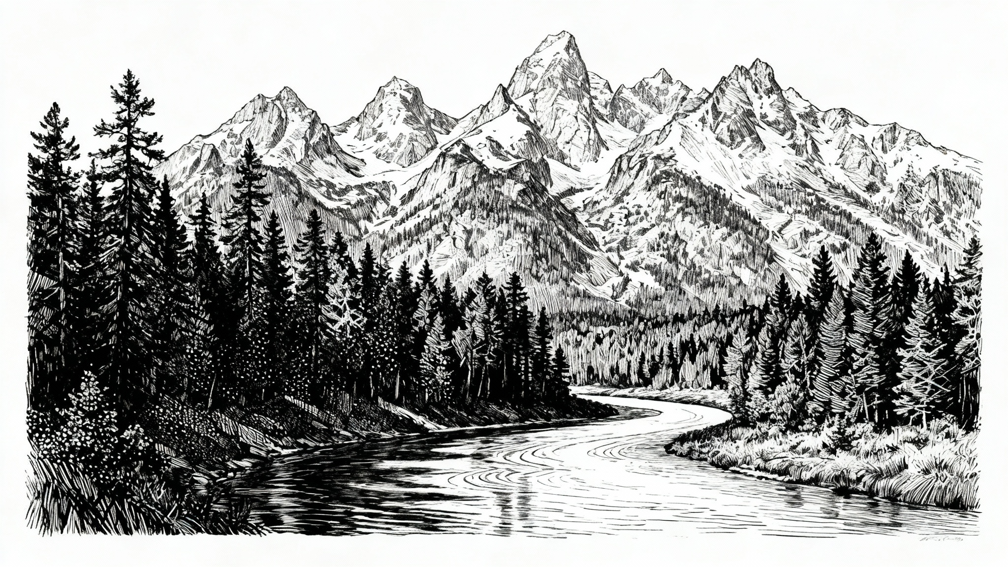 A detailed black and white ink drawing of a mountain and forest landscape with a river, created in an etching style and displayed on a clean white background.