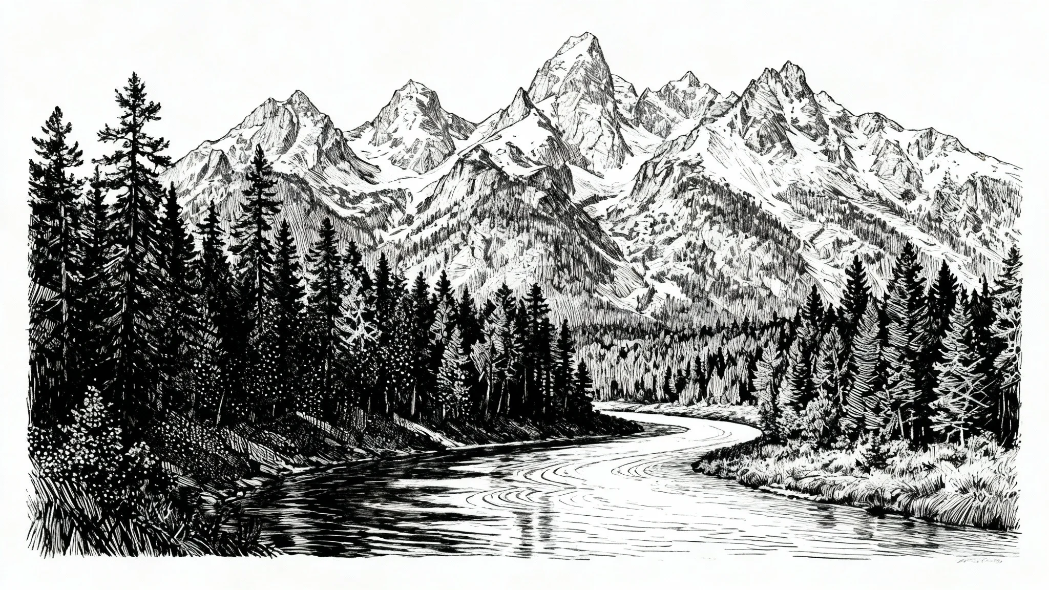 A detailed black and white ink drawing of a mountain and forest landscape with a river, created in an etching style and displayed on a clean white background.