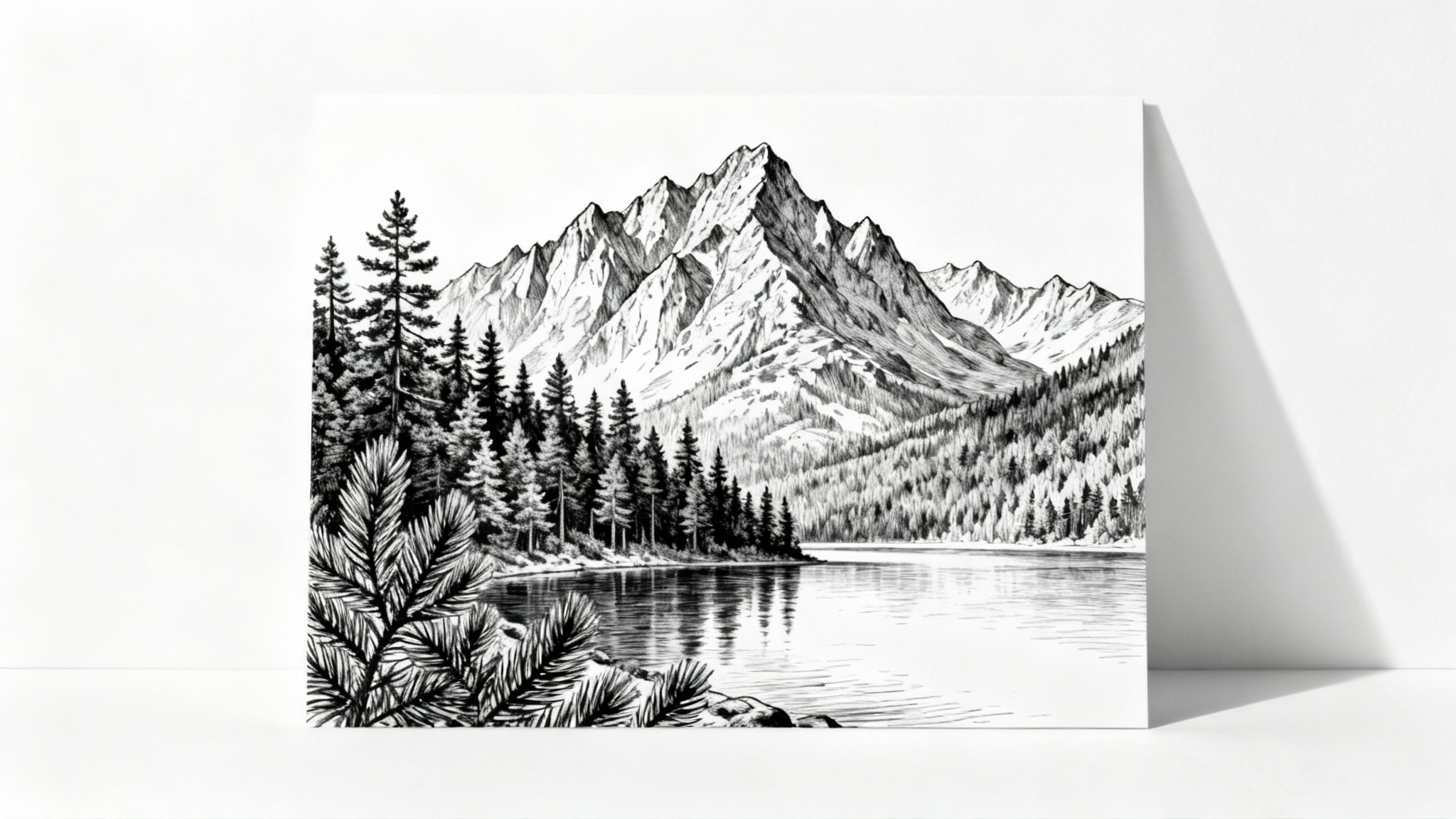 A detailed black and white landscape drawing of mountains and a forest by a lake, displayed as a mockup on a white background.