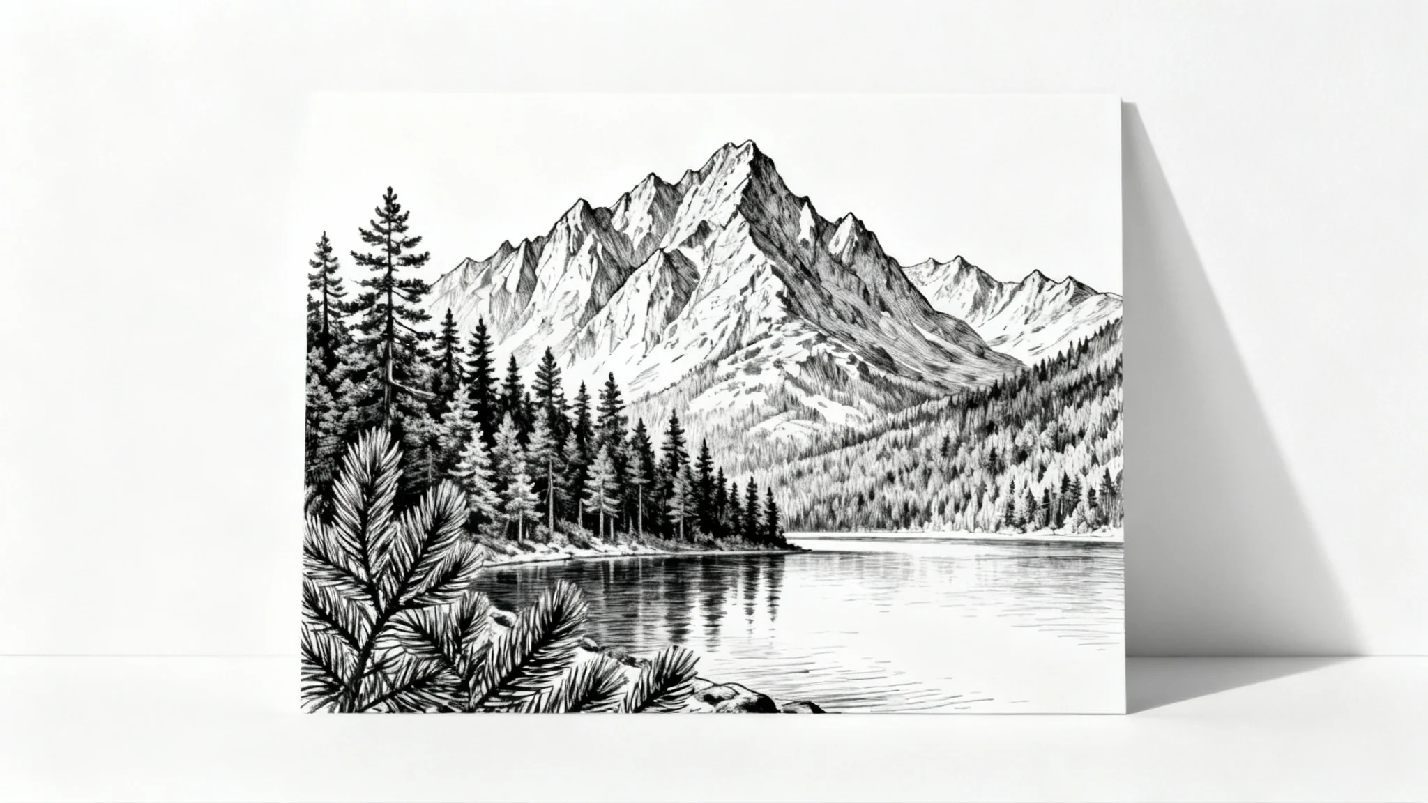 A detailed black and white landscape drawing of mountains and a forest by a lake, displayed as a mockup on a white background.