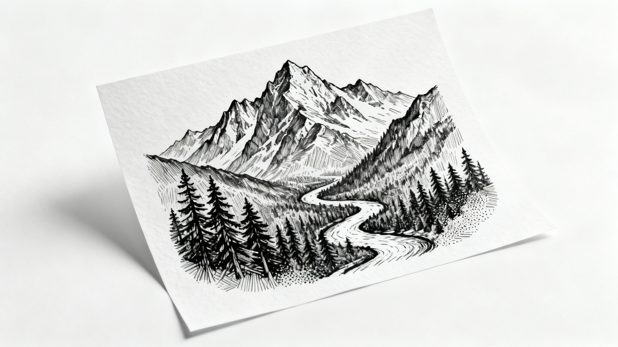 A detailed black and white pen and ink drawing of a majestic mountain landscape, presented on a sheet of paper against a plain white background.