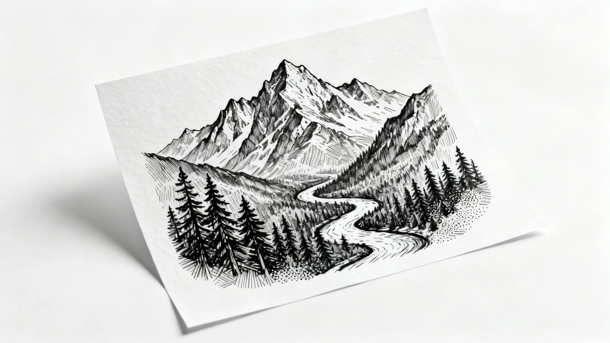 A detailed black and white pen and ink drawing of a majestic mountain landscape, presented on a sheet of paper against a plain white background.