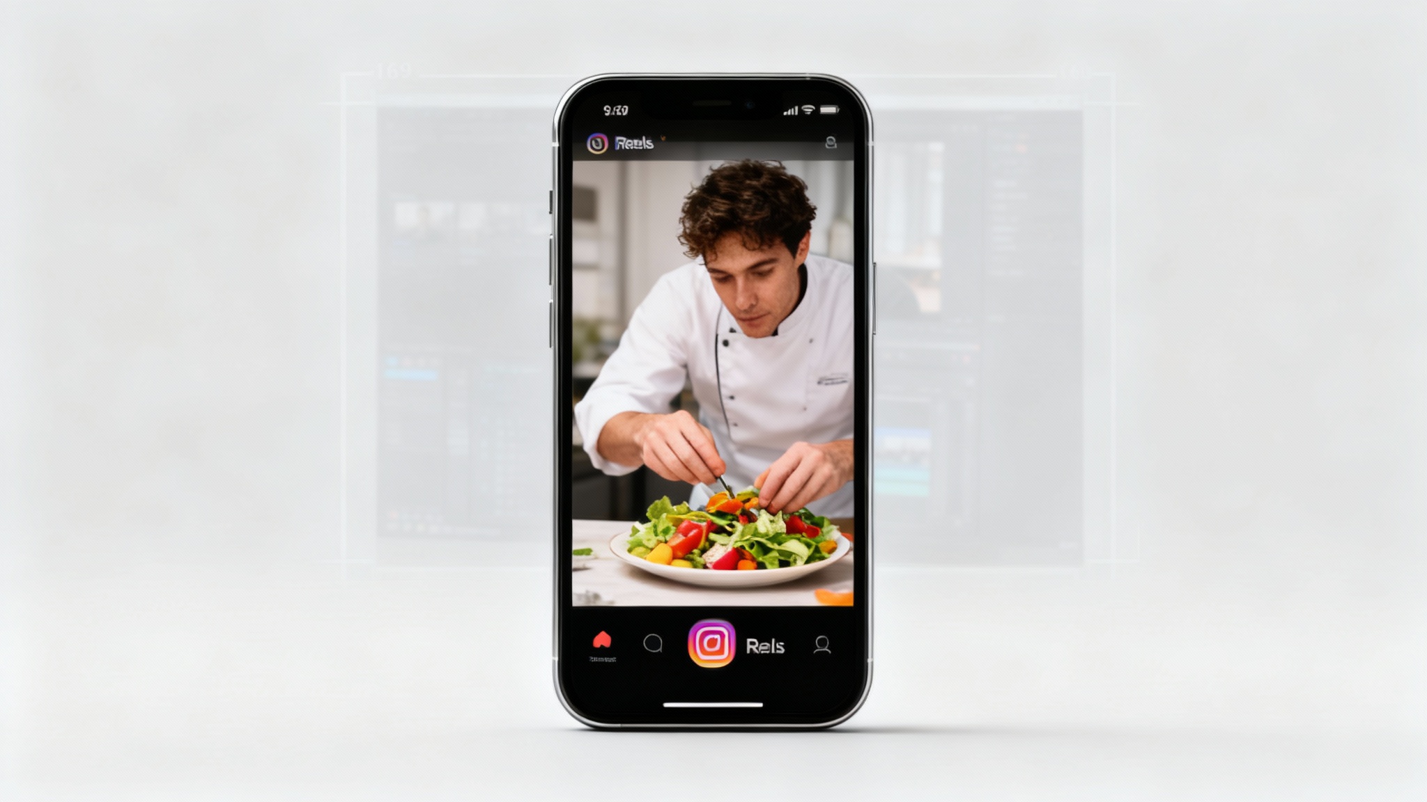 A hero image demonstrating a video resized for Instagram. A modern smartphone in the foreground shows a vertical video of a chef, while the original widescreen video is shown faded in the background for comparison.