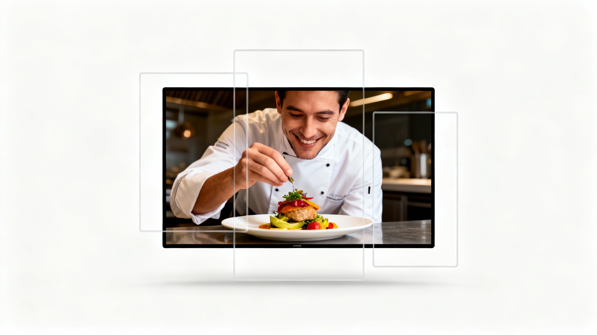 A mockup illustrating video resizing for Instagram, showing a video frame of a chef with outlines for square, portrait, and story formats overlaid, all on a white background.