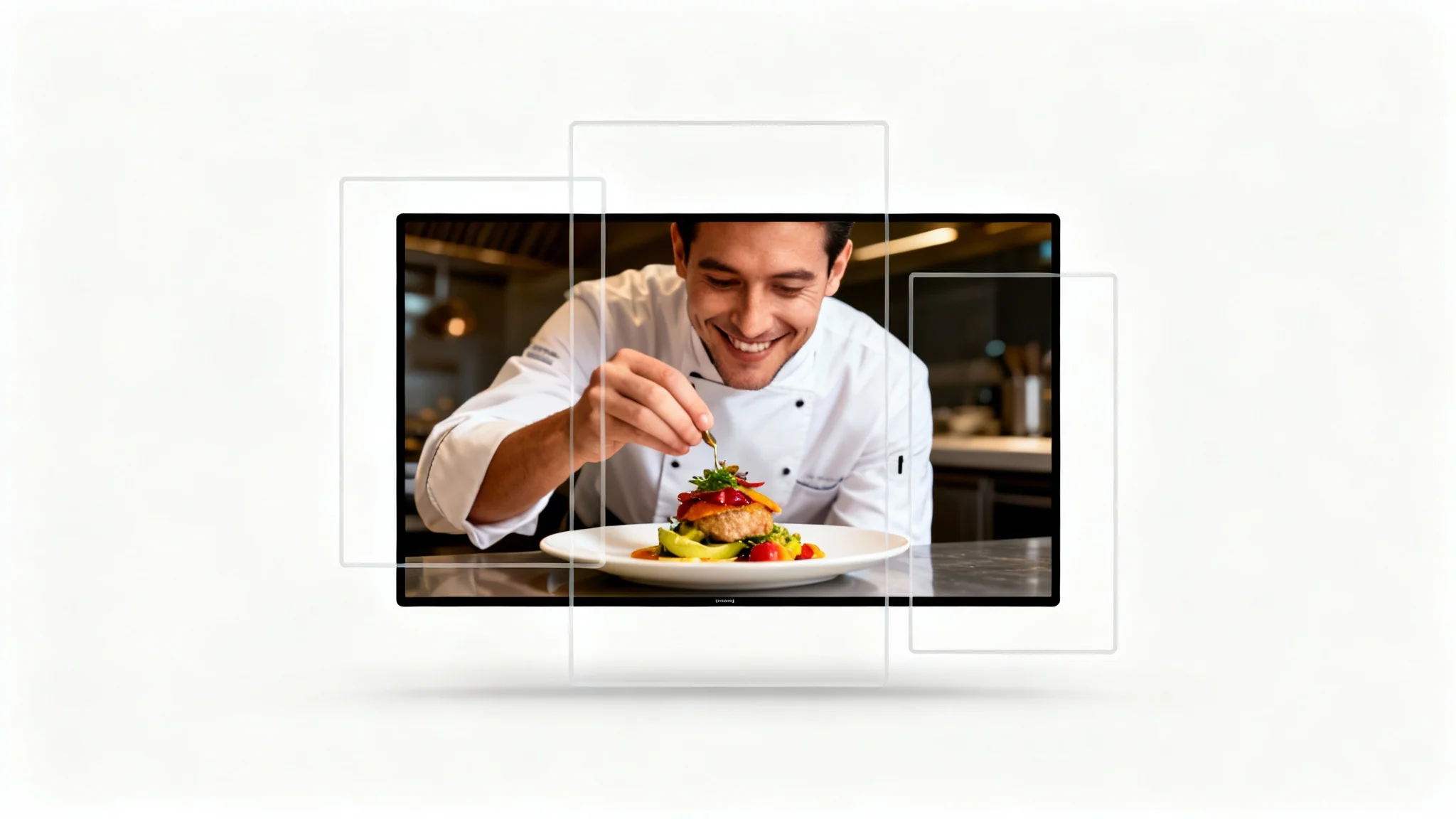 A mockup illustrating video resizing for Instagram, showing a video frame of a chef with outlines for square, portrait, and story formats overlaid, all on a white background.