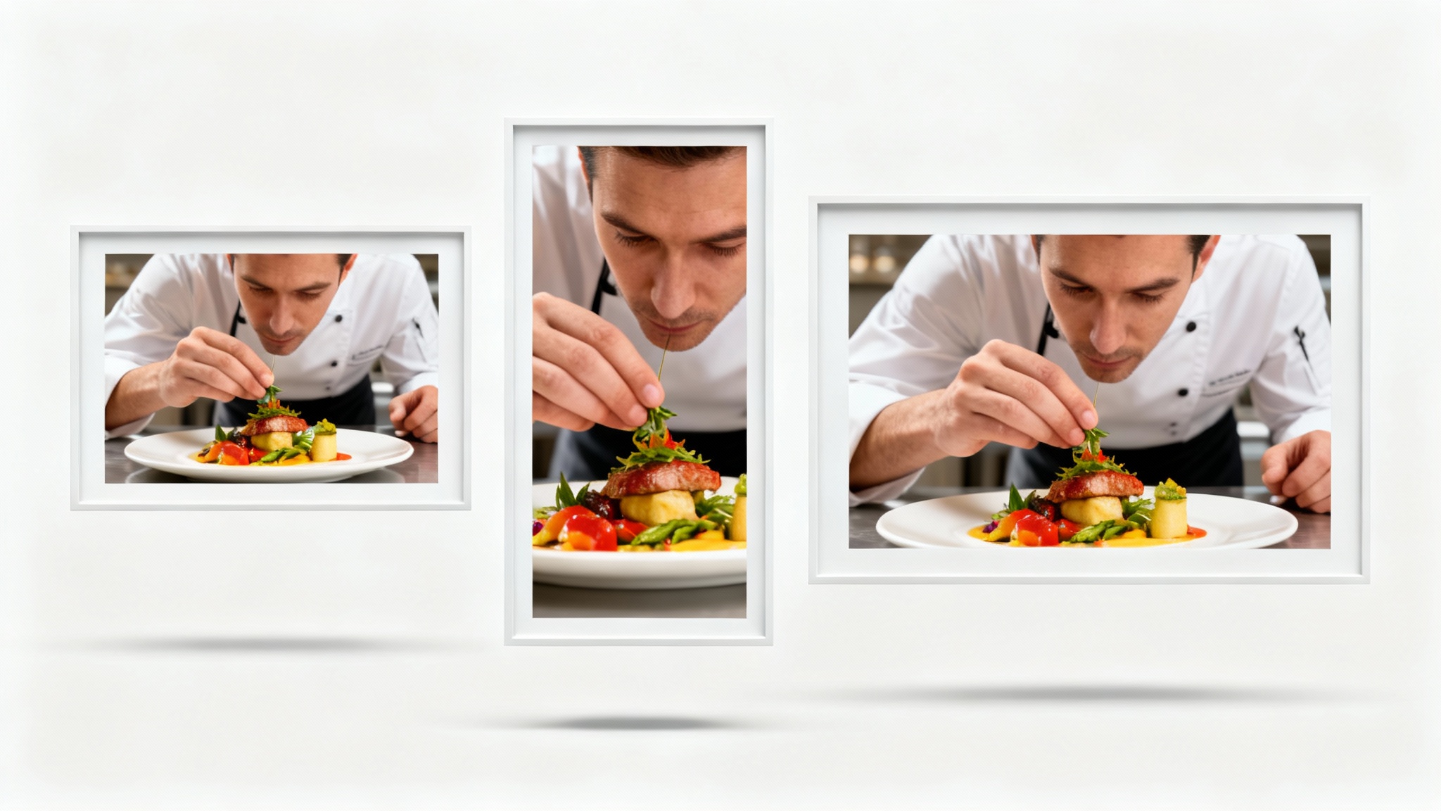 A conceptual image showing a video of a chef preparing food, perfectly cropped to fit three different aspect ratios—square, vertical, and horizontal—representing video resizing for Instagram.