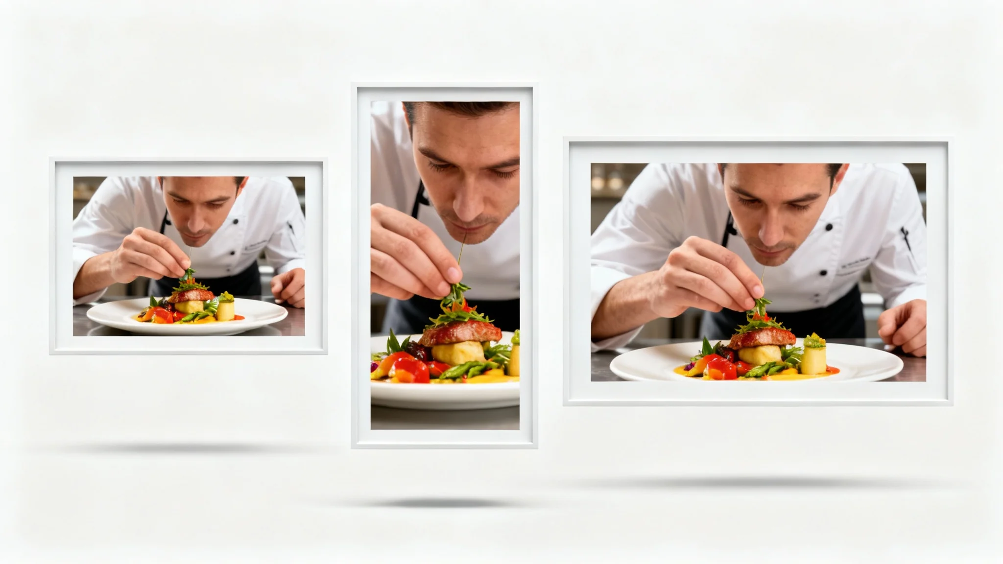 A conceptual image showing a video of a chef preparing food, perfectly cropped to fit three different aspect ratios—square, vertical, and horizontal—representing video resizing for Instagram.