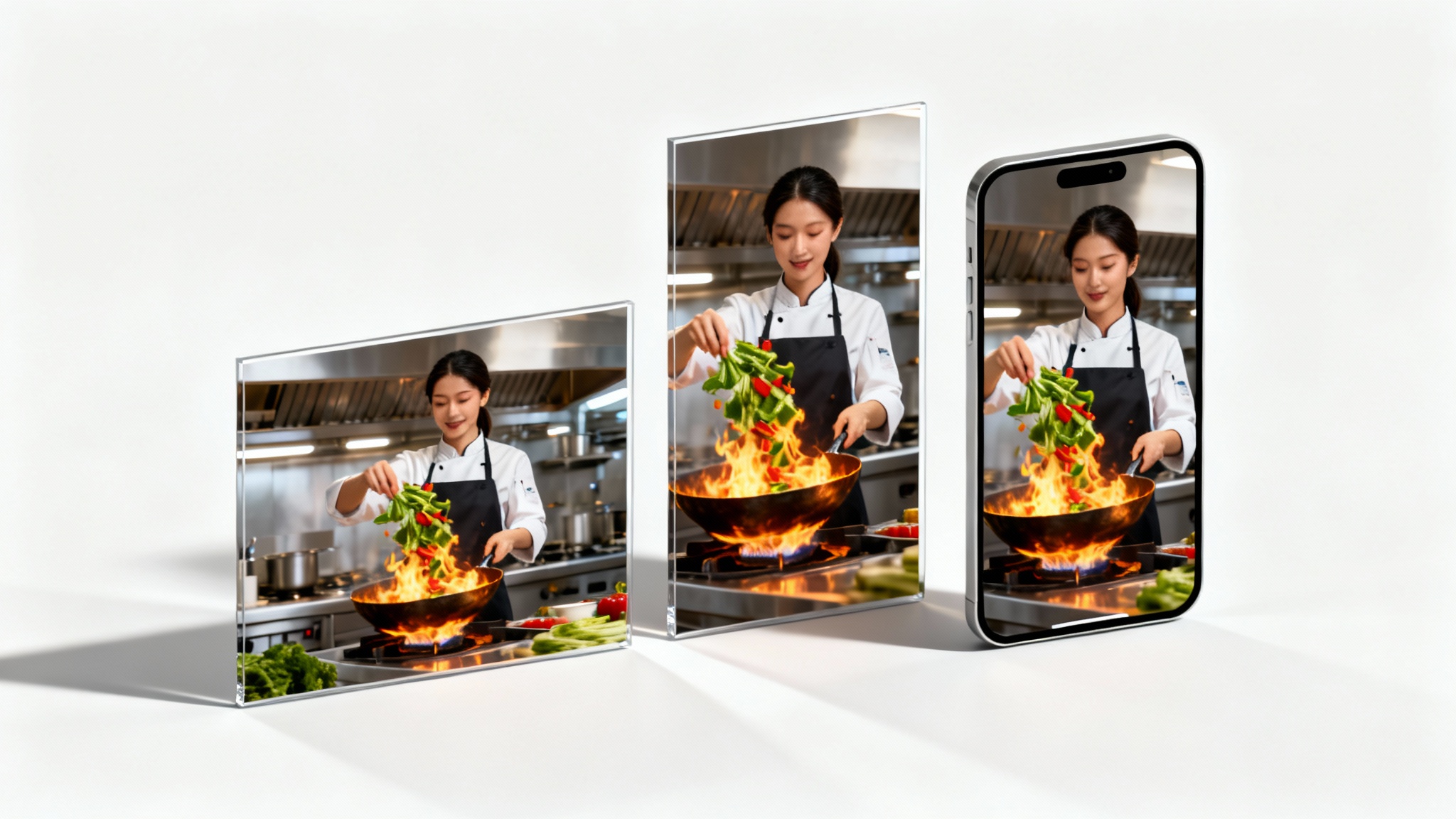 A conceptual image showing a video of a chef cooking, displayed in three different aspect ratios for Instagram: square, portrait, and vertical story.