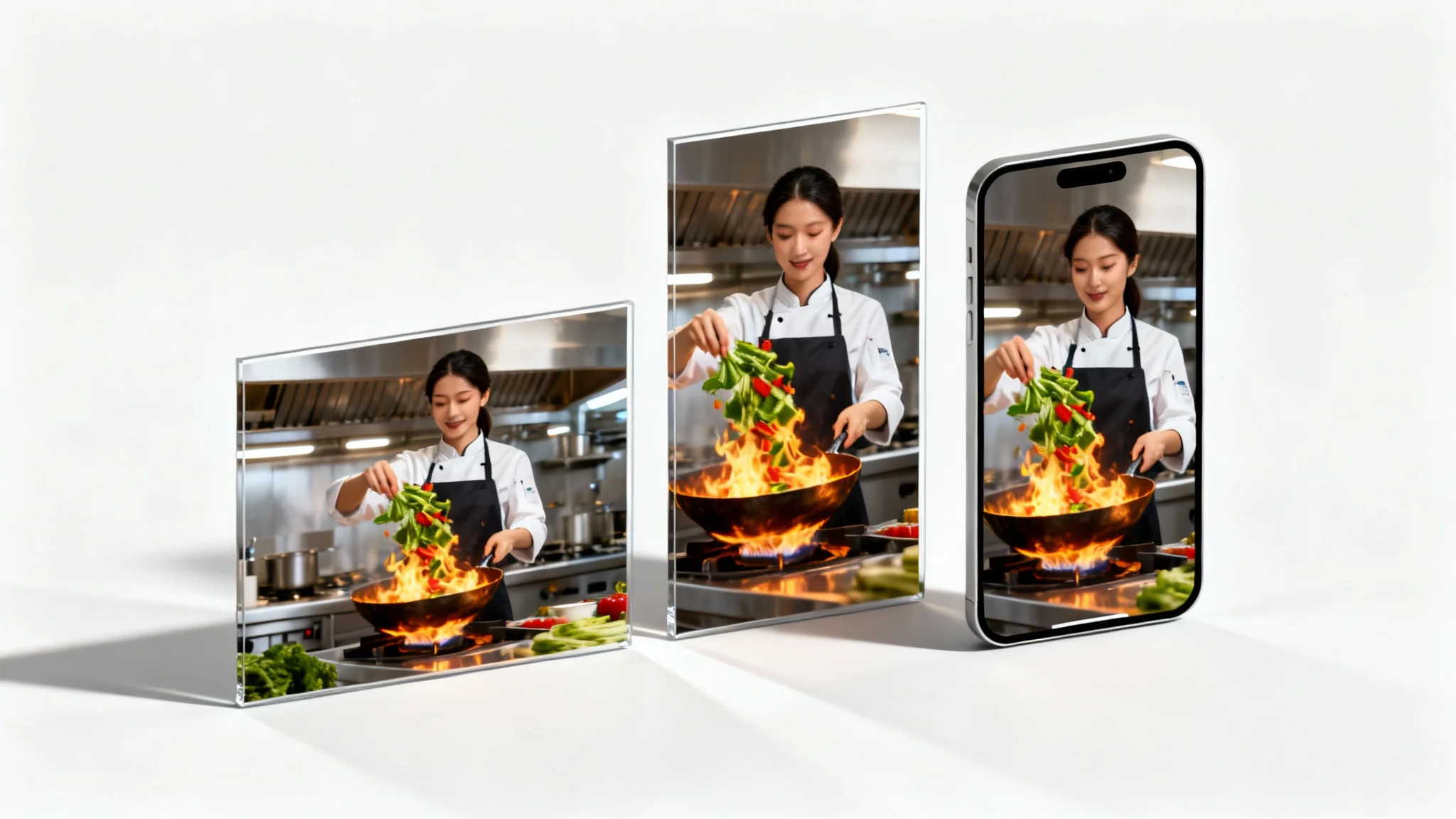 A conceptual image showing a video of a chef cooking, displayed in three different aspect ratios for Instagram: square, portrait, and vertical story.