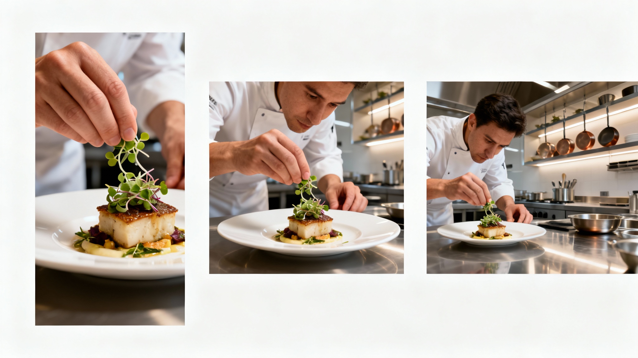 A visual representation of video resizing, showing three different aspect ratio crops of a chef plating a dish: a vertical crop for stories, a square crop for a post, and a wide crop for a standard video, all on a white background.
