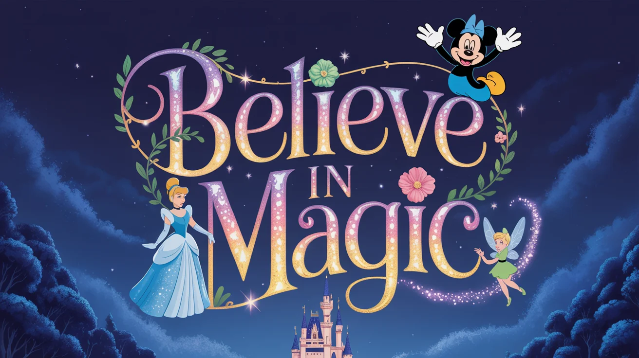 A vibrant word art design featuring the phrase "Believe in Magic" in a whimsical Disney-style font, surrounded by illustrations of Mickey Mouse, Cinderella, and Tinker Bell against a night sky with a castle.