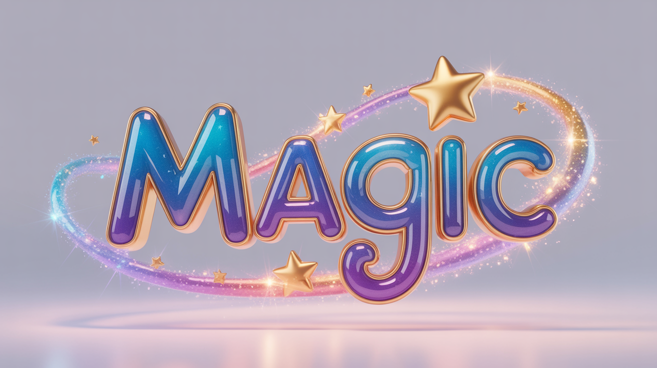 A whimsical, Disney-inspired word art design of the word 'Magic' in vibrant, sparkling colors, isolated on a white background.