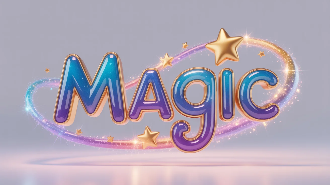 A whimsical, Disney-inspired word art design of the word 'Magic' in vibrant, sparkling colors, isolated on a white background.