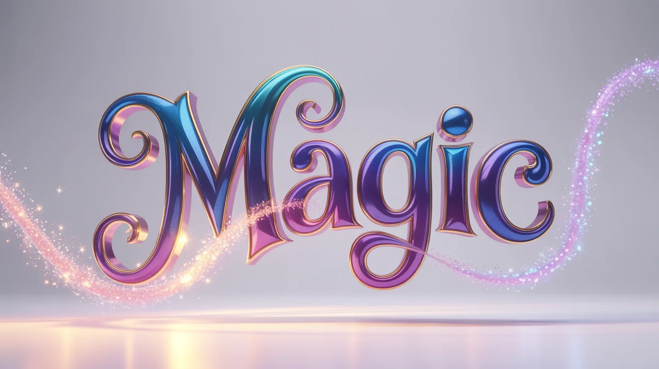 The word 'Magic' is displayed in a 3D, whimsical, Disney-style font with iridescent blue, purple, and gold colors, surrounded by sparkles on a clean white background.