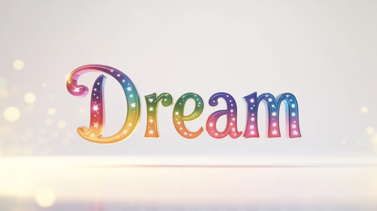 The word 'Dream' is shown in a colorful and glossy Disney-inspired font, complete with sparkles, set against a plain white background.