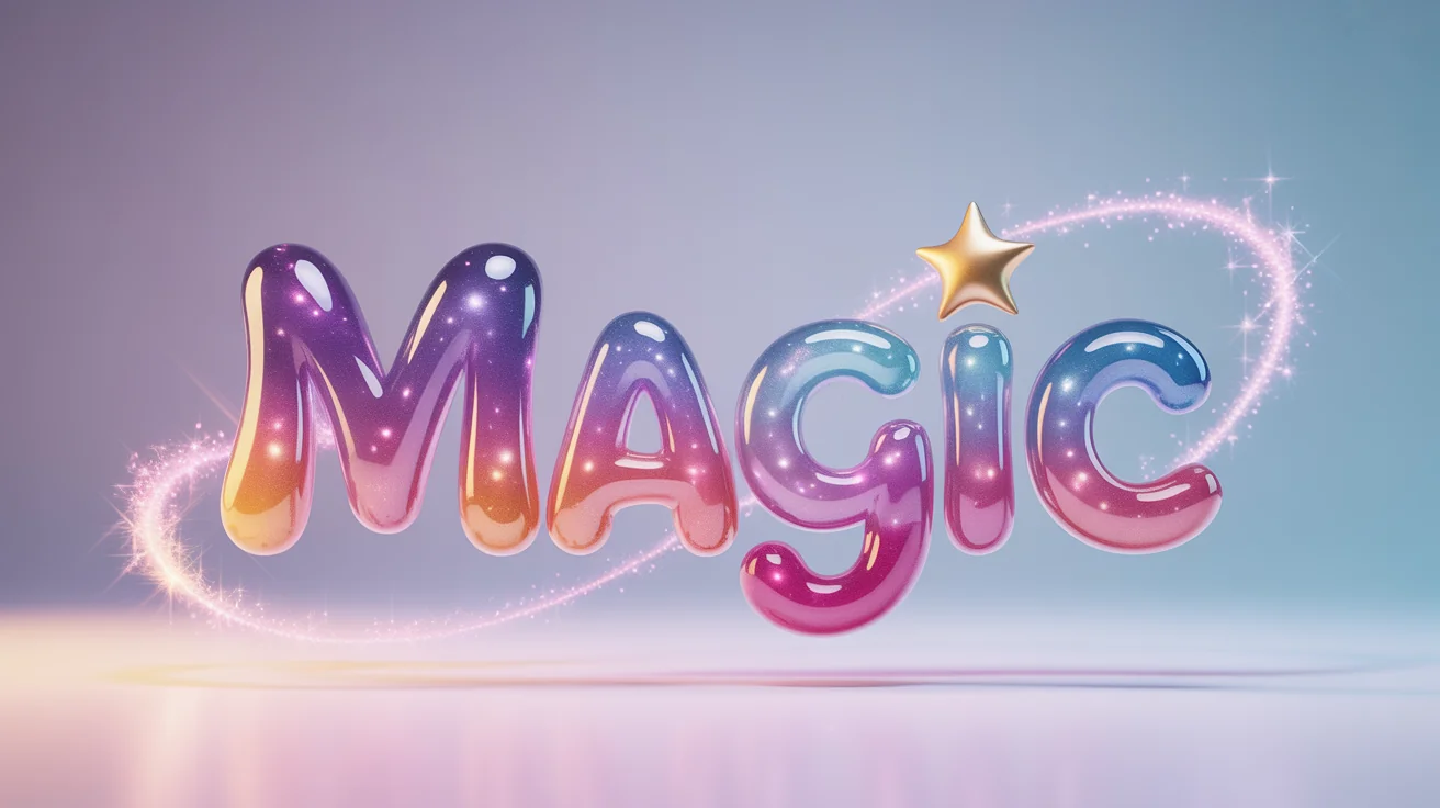 Vibrant, Disney-style word art of the word 'Magic' in bubbly, colorful 3D letters, surrounded by sparkles on a clean white background.
