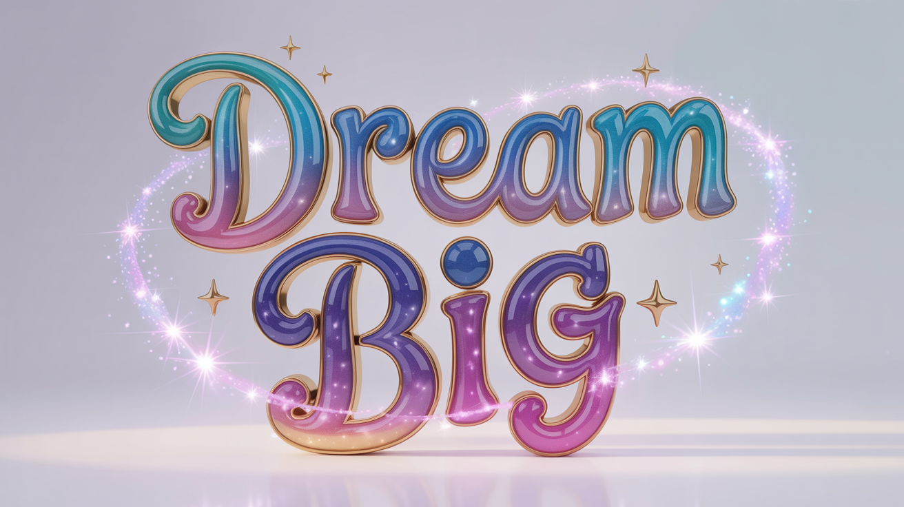 The words "Dream Big" written in a colorful, bubbly, Disney-style font, surrounded by sparkles and stars on a plain white background, representing word art.