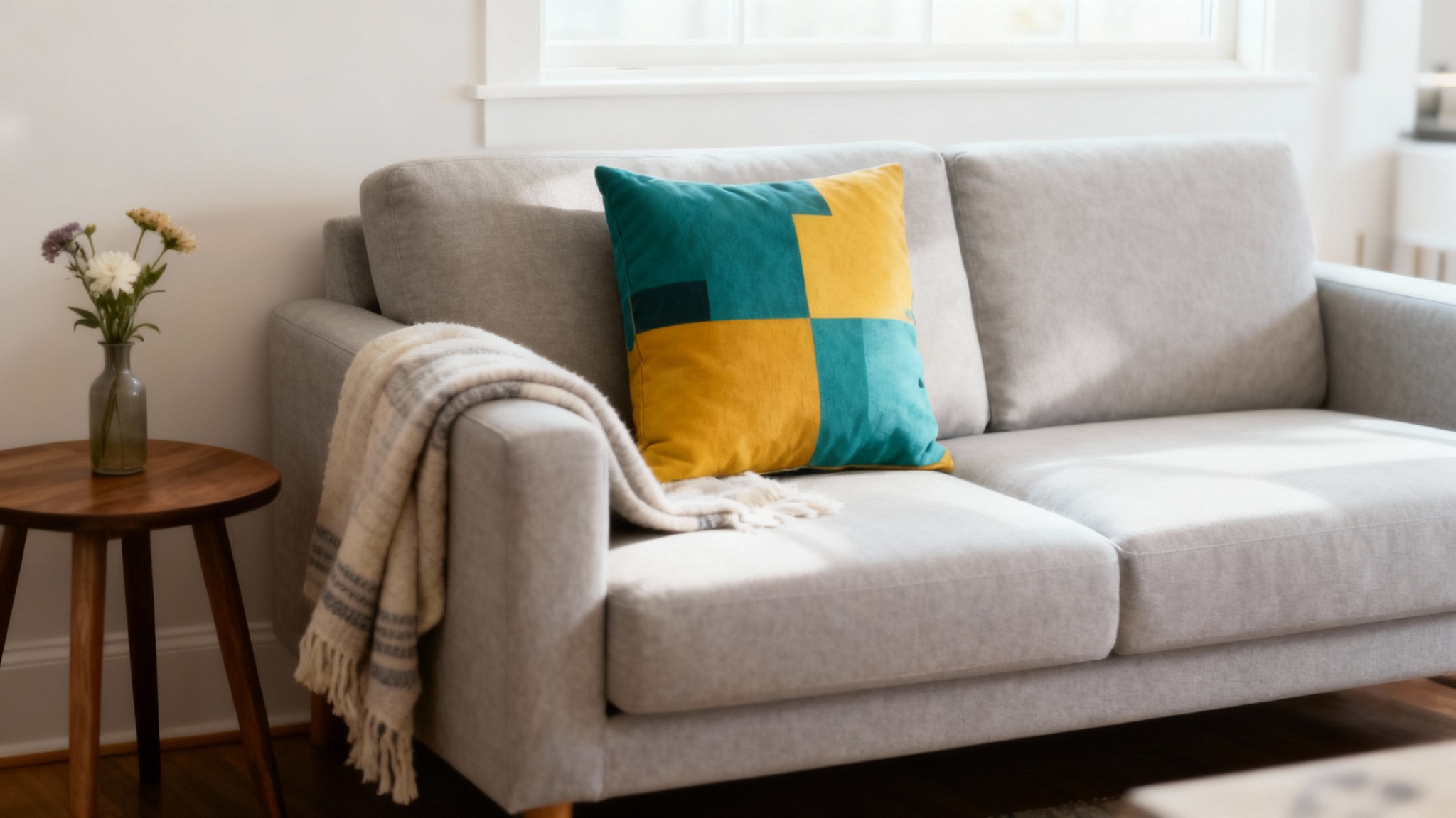 A photorealistic mockup of a custom-designed throw pillow with a modern abstract pattern, placed on a light gray sofa in a stylish living room.