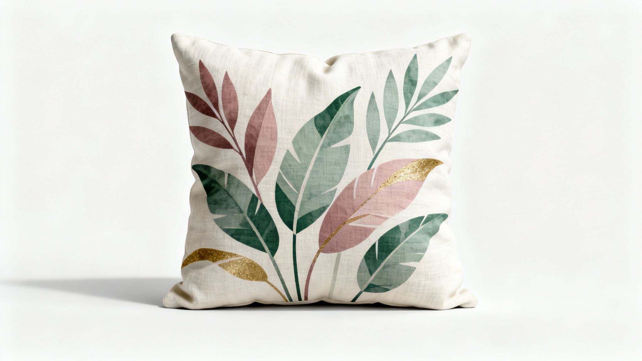 A professionally styled square throw pillow mockup with a modern botanical print in sage green and dusty rose, set against a clean white background.