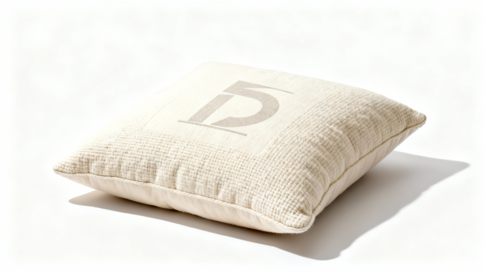 A photorealistic mockup of a single, plush cream-colored throw pillow with a modern abstract design, set against a solid white background.